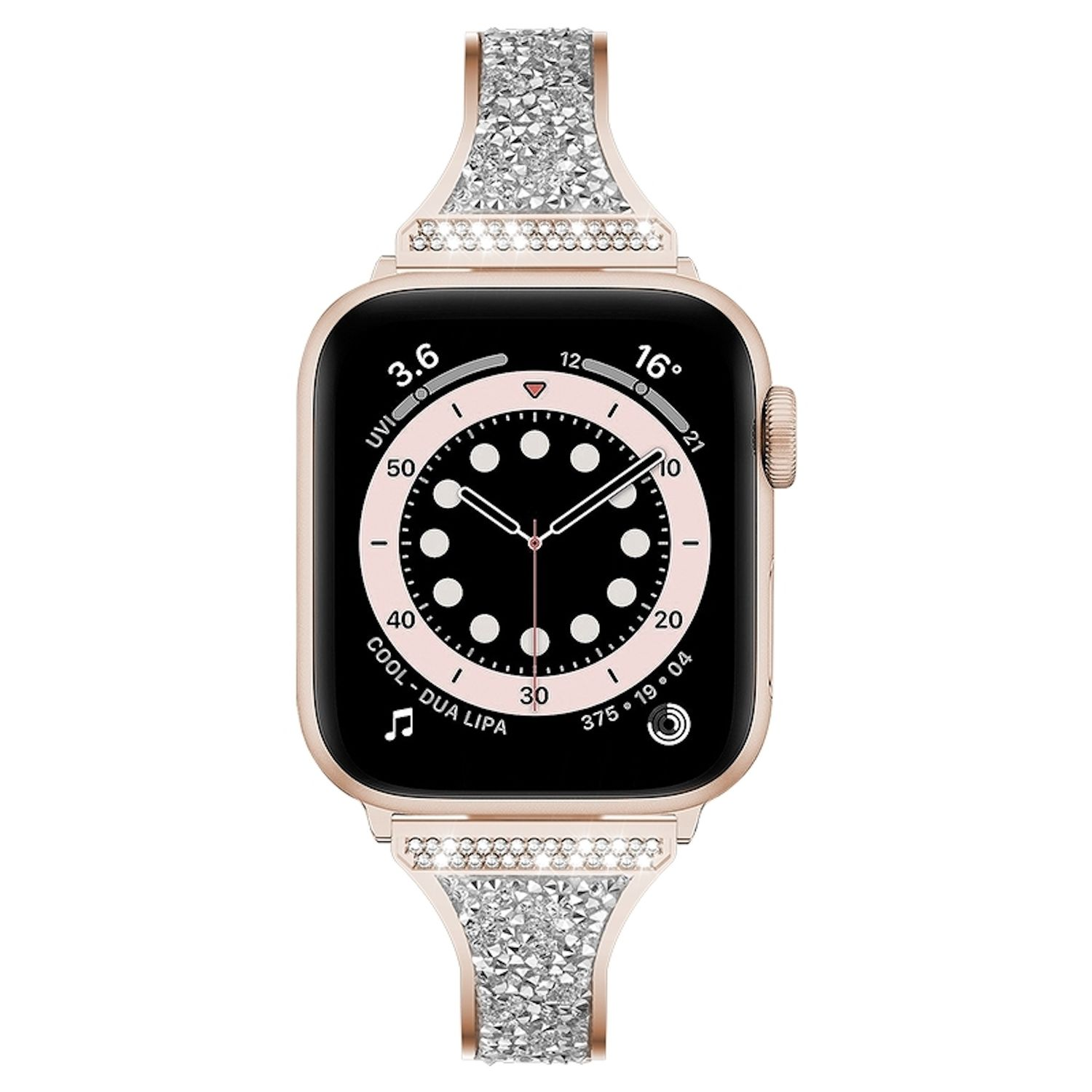 Eine goldene Apple Watch mit schwarzem Zifferblatt und glitzerndem Armband. Die Uhr zeigt Zeit und Gesundheitsmetriken.