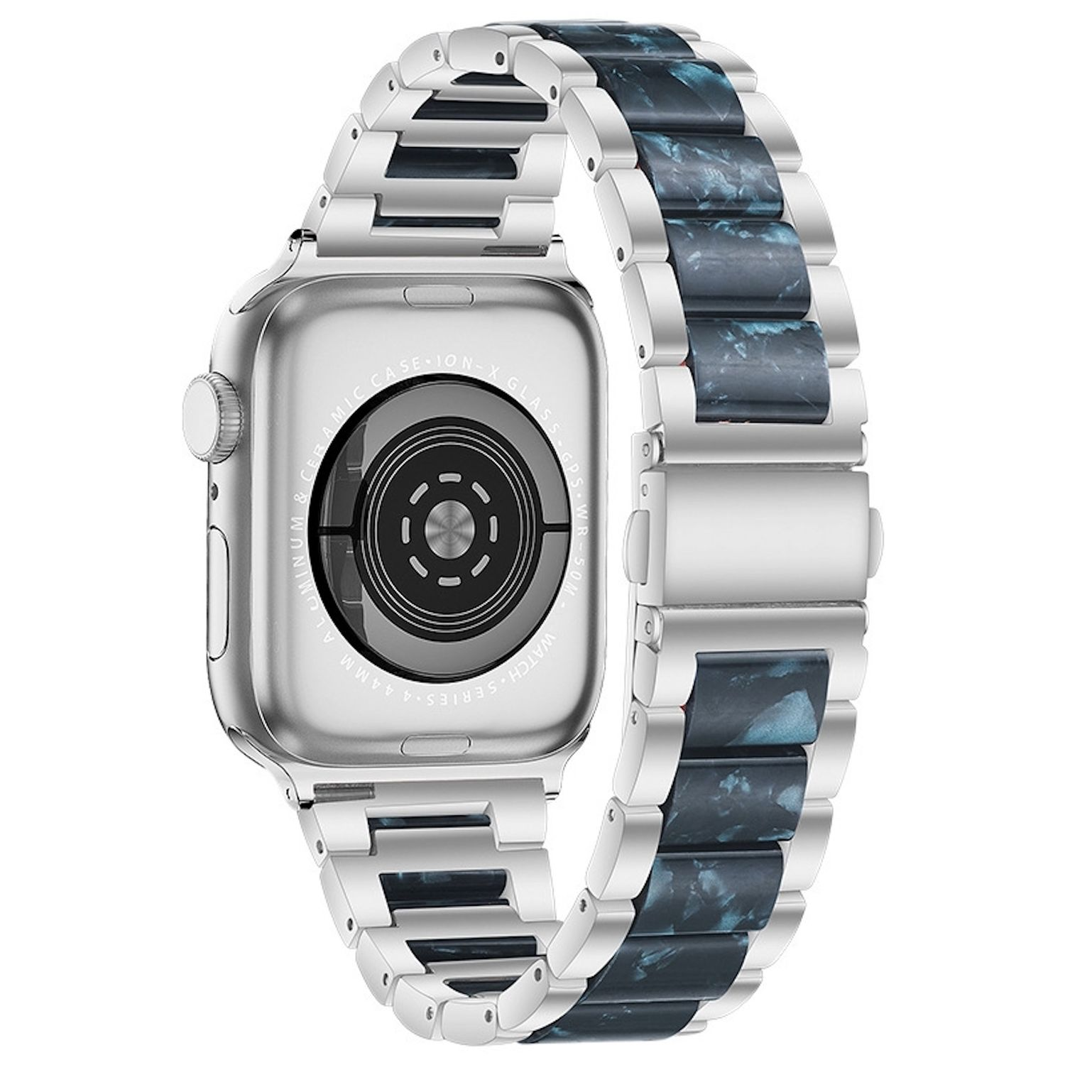 Silberne Apple Watch mit einem Armband aus silbernen Gliedern und Abschnitten aus blau-grauem Marmormaterial.