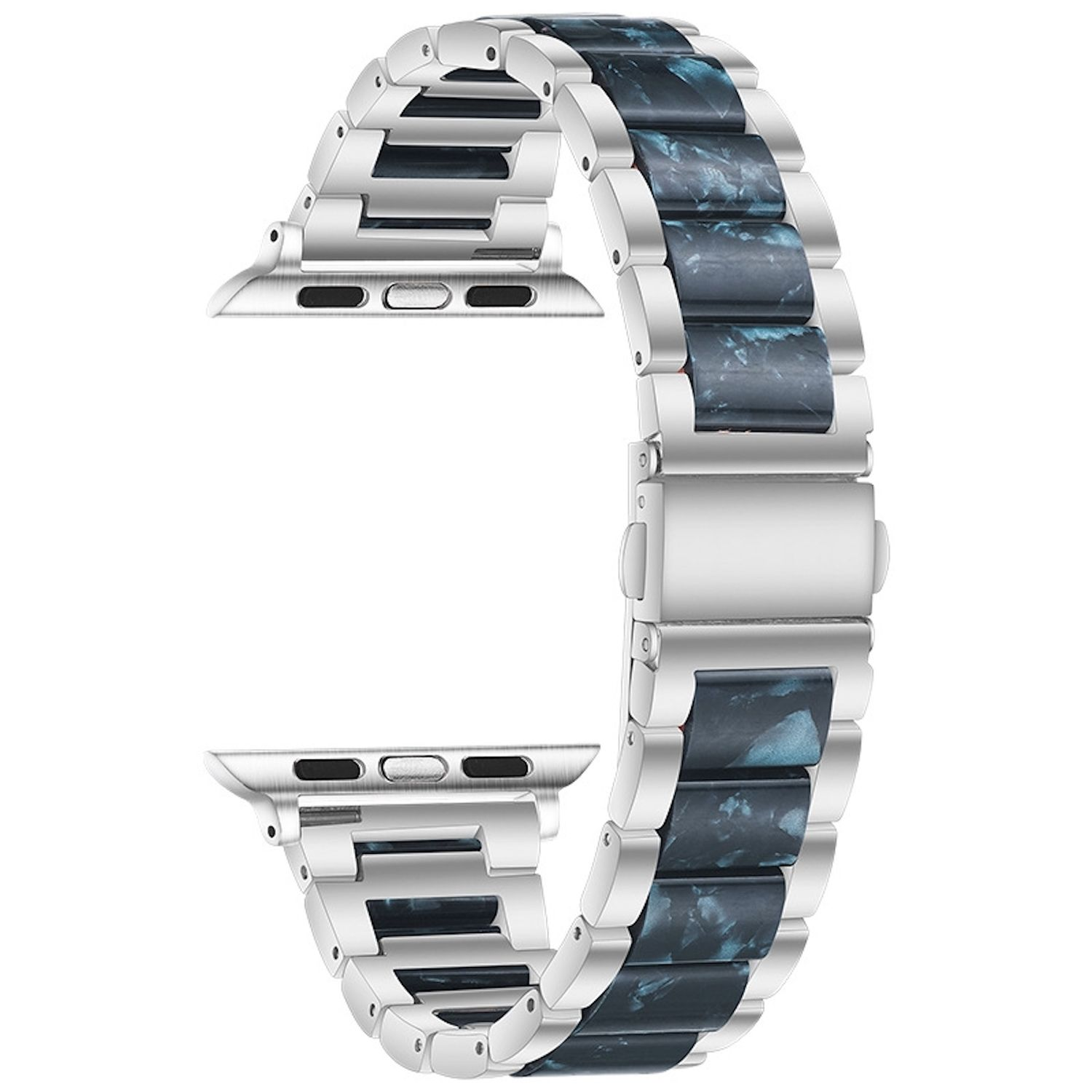 Silbernes Uhrenarmband mit blau-schwarzen marmorierten Gliedern. Das Band besteht aus rechteckigen Metallgliedern und marmorierten Einsätzen.