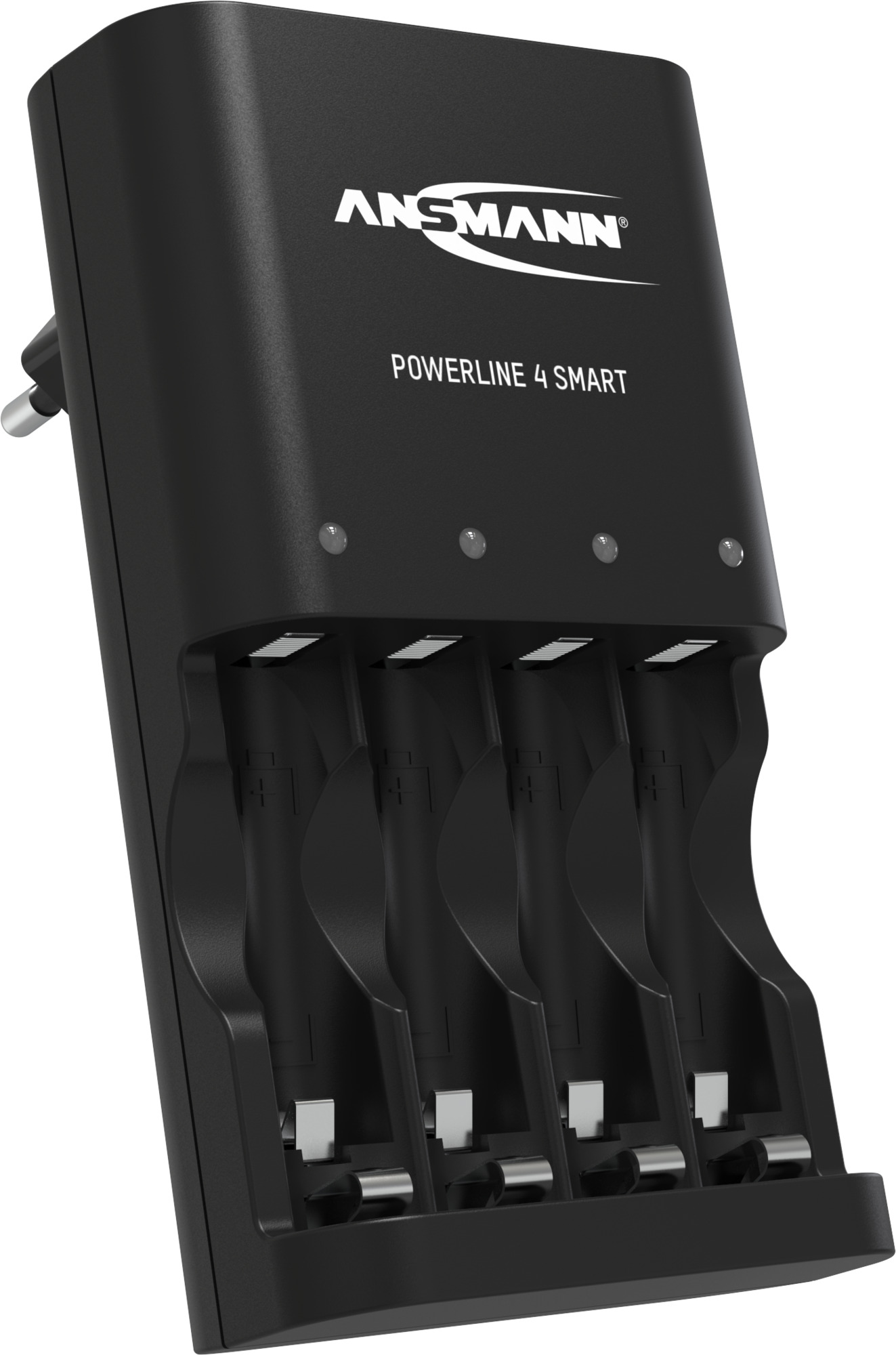 Schwarzes ANSMANN Powerline 4 Smart Ladegerät. Es hat vier Steckplätze für Batterien, vier Statusleuchten und einen Stecker.