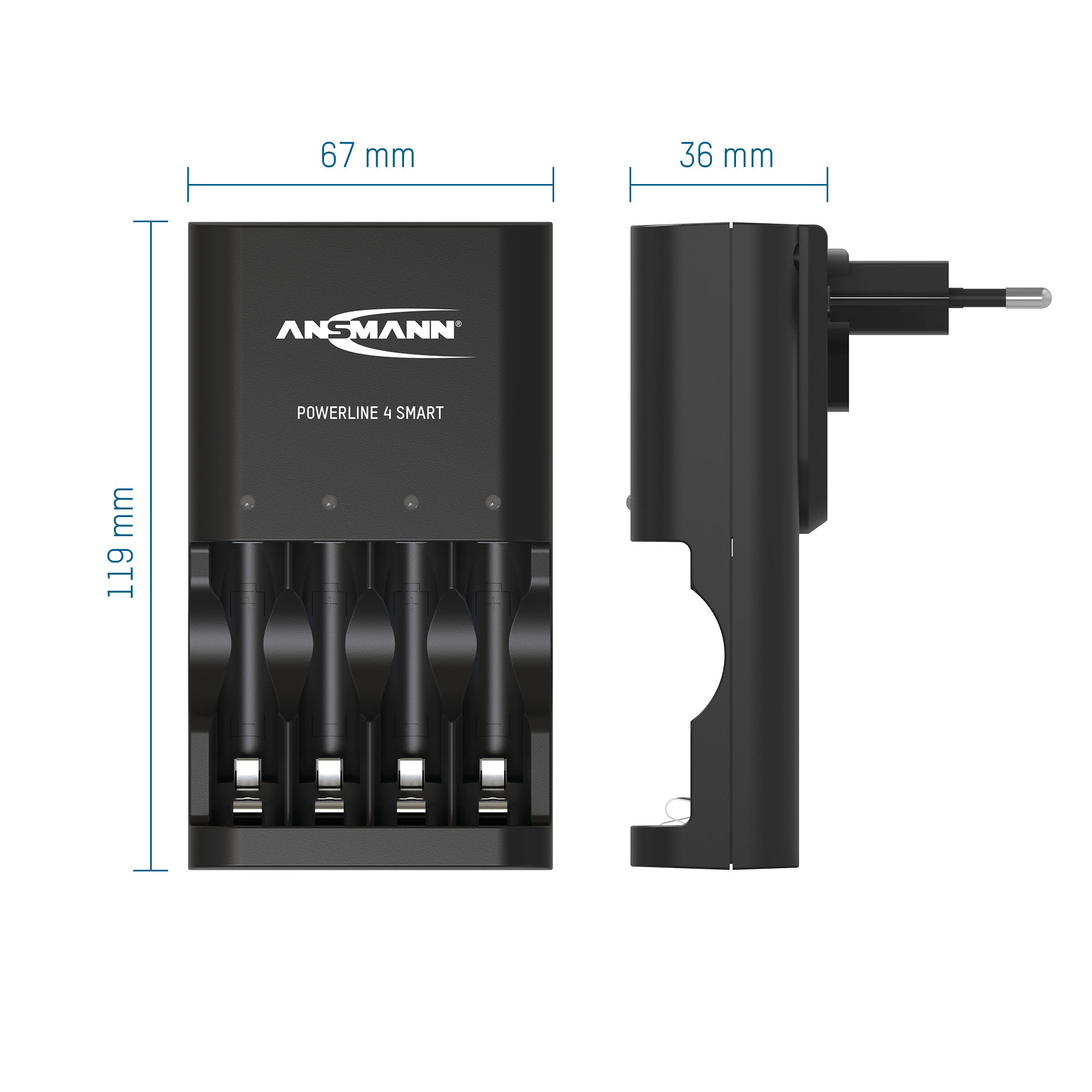 Schwarzes ANSMANN Powerline 4 Smart Ladegerät mit Maßangaben. Rechts: Steckeradapter. Weißer Hintergrund.