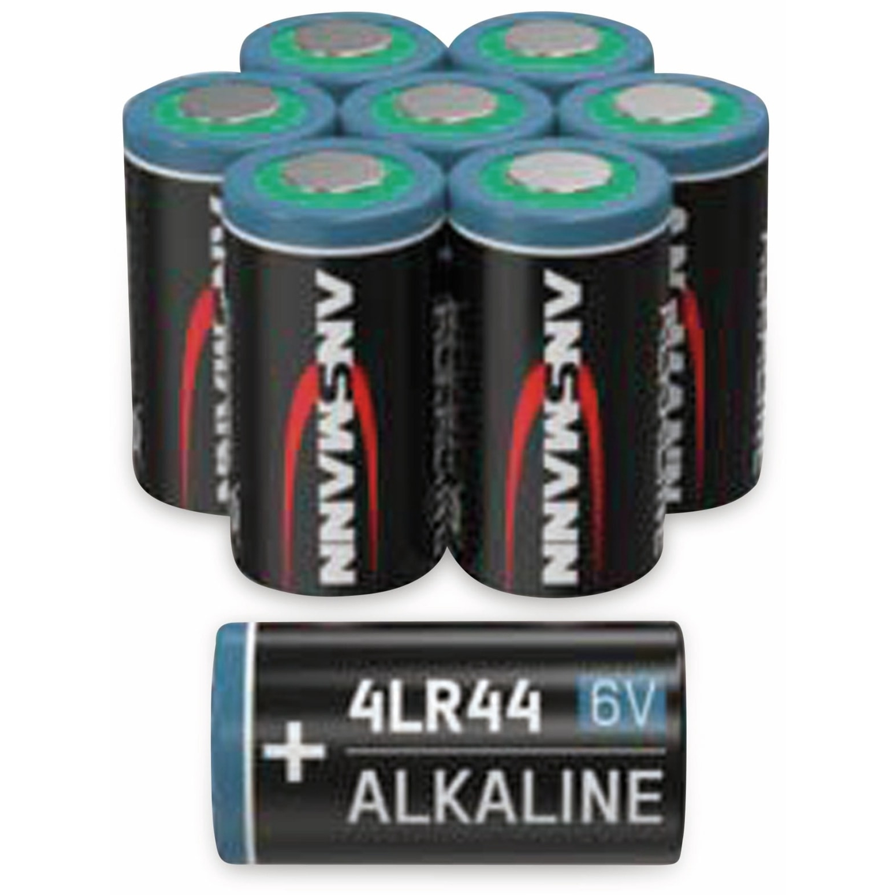 Batteriegruppe. Sieben stehen aufrecht, eine liegt. Schwarz mit roter und weißer Schrift. Blau oben und unten.