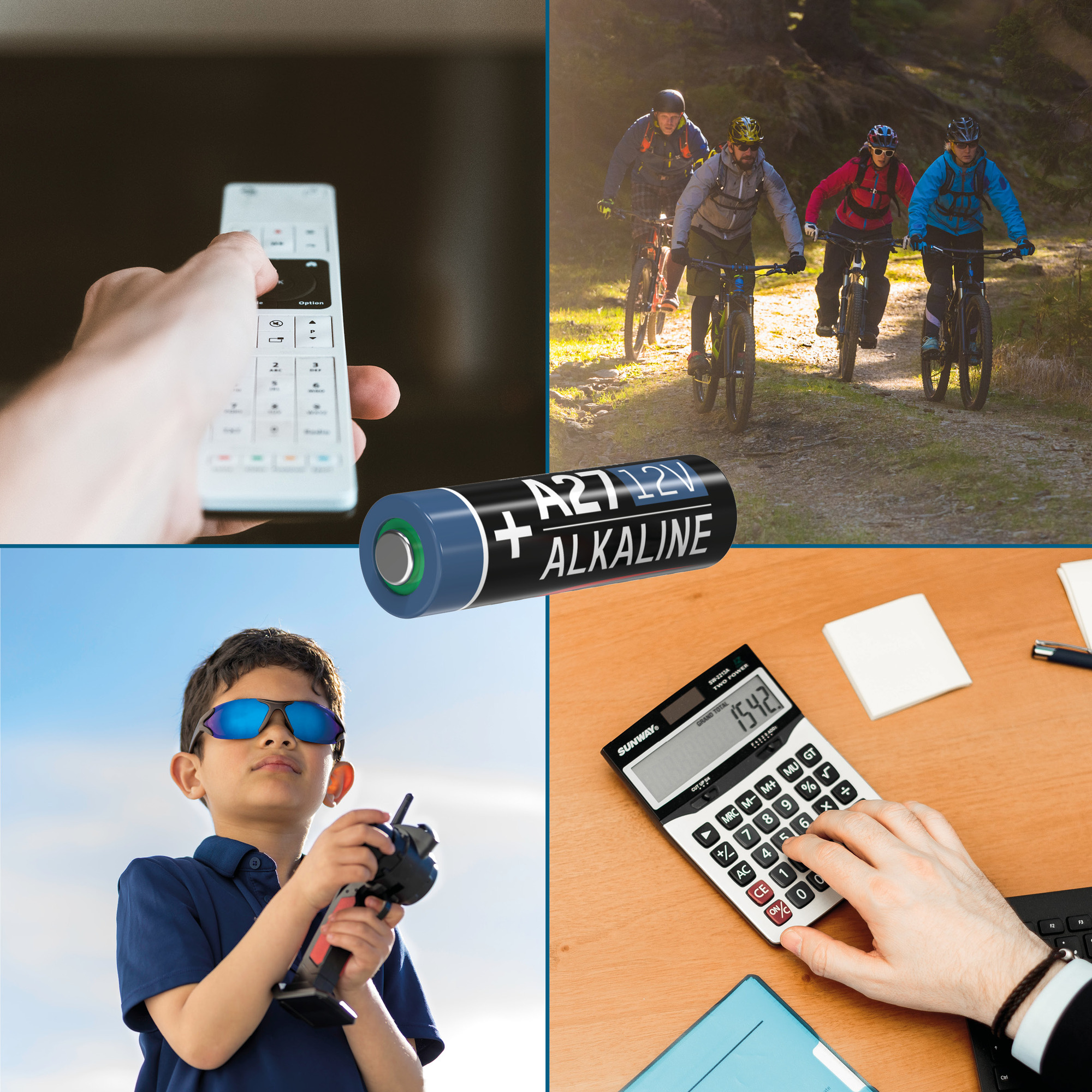 Bildcollage: Hand mit Fernbedienung, Radfahrer, Batterie, Junge mit Controller und Taschenrechner.