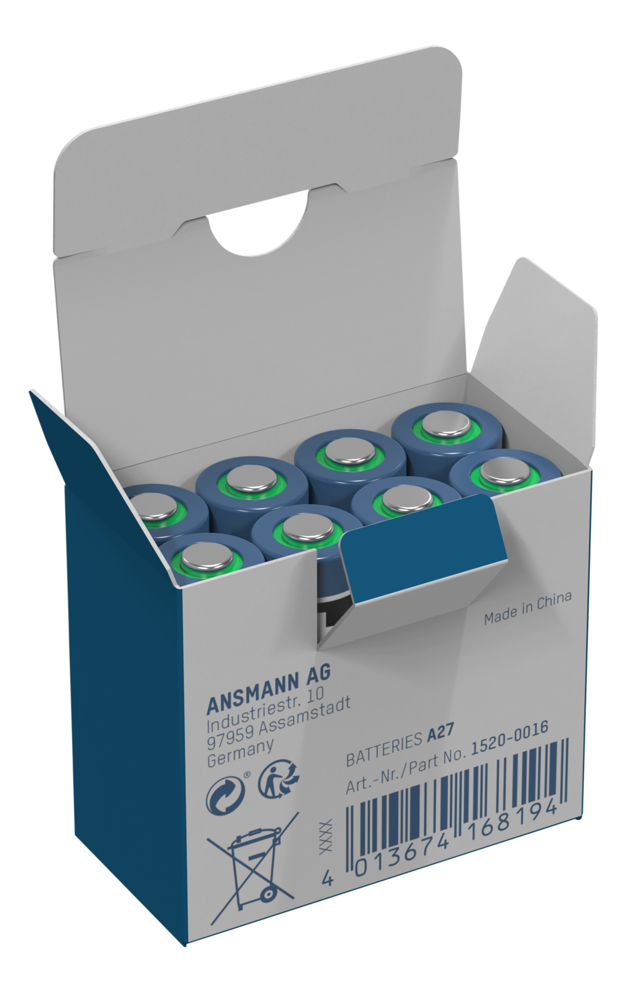 Schachtel mit A27-Batterien. Blaue Batterien mit silbernen Oberteilen befinden sich in einer offenen Pappschachtel. Die Schachtel hat Text und einen Barcode.