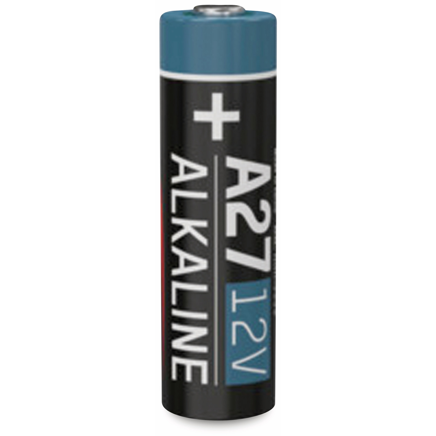 Eine zylindrische A27 12V Alkaline-Batterie. Sie hat eine blaue Oberseite und einen schwarzen Körper mit weißem und blauem Text.