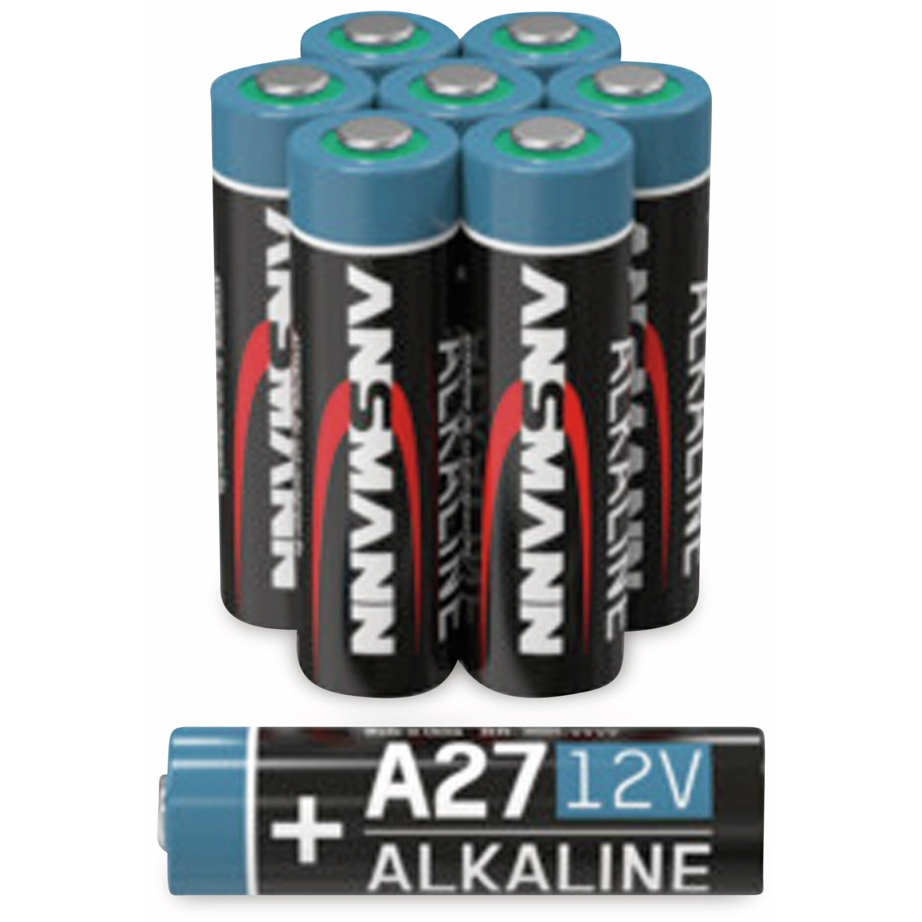 Das Bild zeigt mehrere zylindrische Batterien, schwarz mit roter und weißer Schrift. Eine einzelne Batterie liegt darunter.