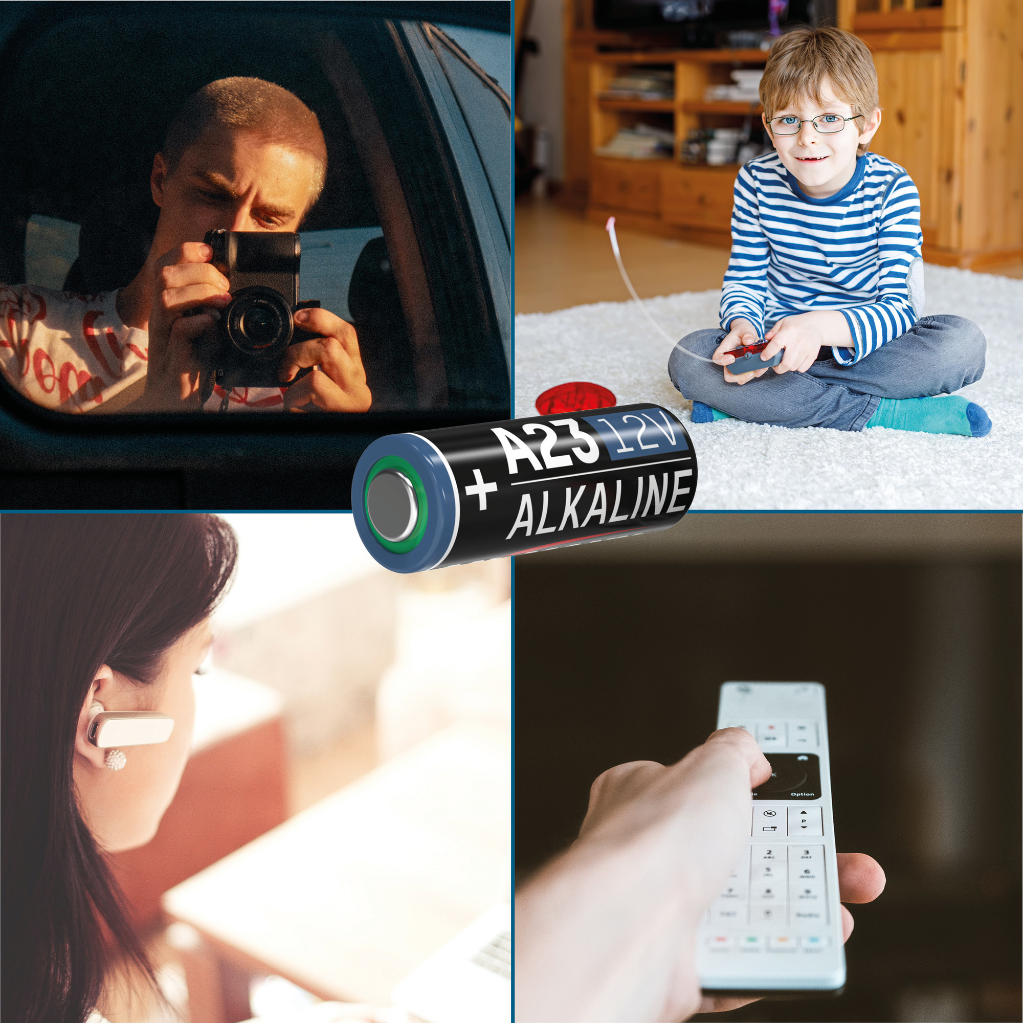 Ein geteiltes Bild mit vier Szenen: eine Person, die ein Foto macht, eine Batterie, ein Kind mit einer Fernbedienung und eine Person mit einem Headset.
