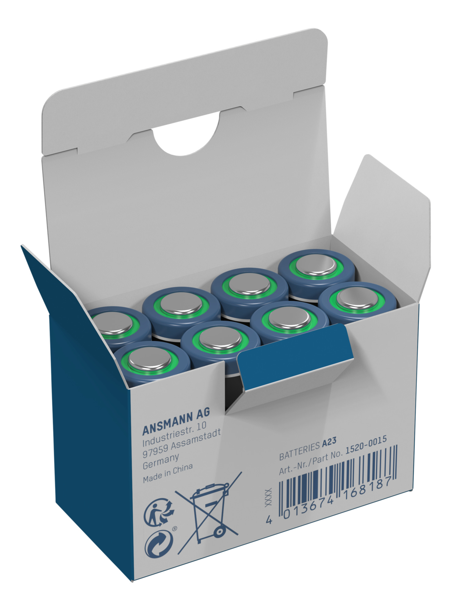 Schachtel mit A23-Batterien. Die Schachtel ist weiß und blau und enthält mehrere Batterien mit blau-grünen Deckeln.
