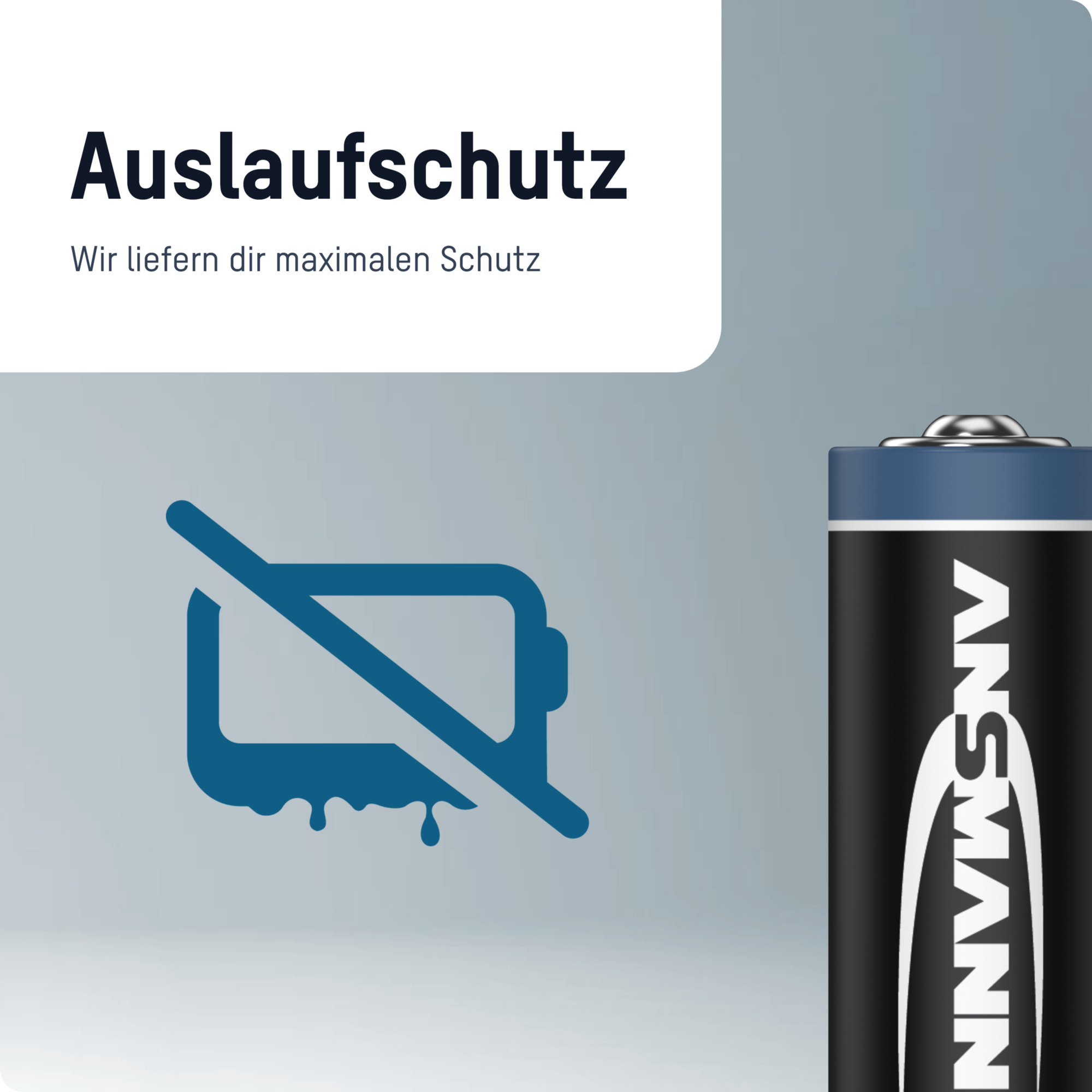 Das Bild zeigt eine Batterie mit blauem und schwarzem Design. Der Text lautet Auslaufschutz und ein Symbol für keine Leckage ist vorhanden.