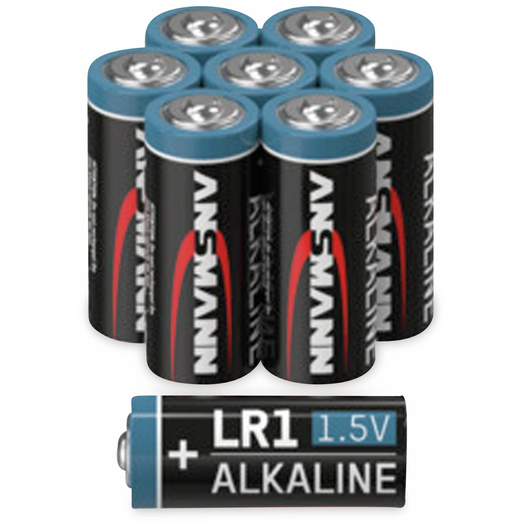 Neun Batterien sind sichtbar: acht gruppiert und eine separat. Die Batterien sind schwarz mit roter und weißer Schrift und einem blauen Deckel.