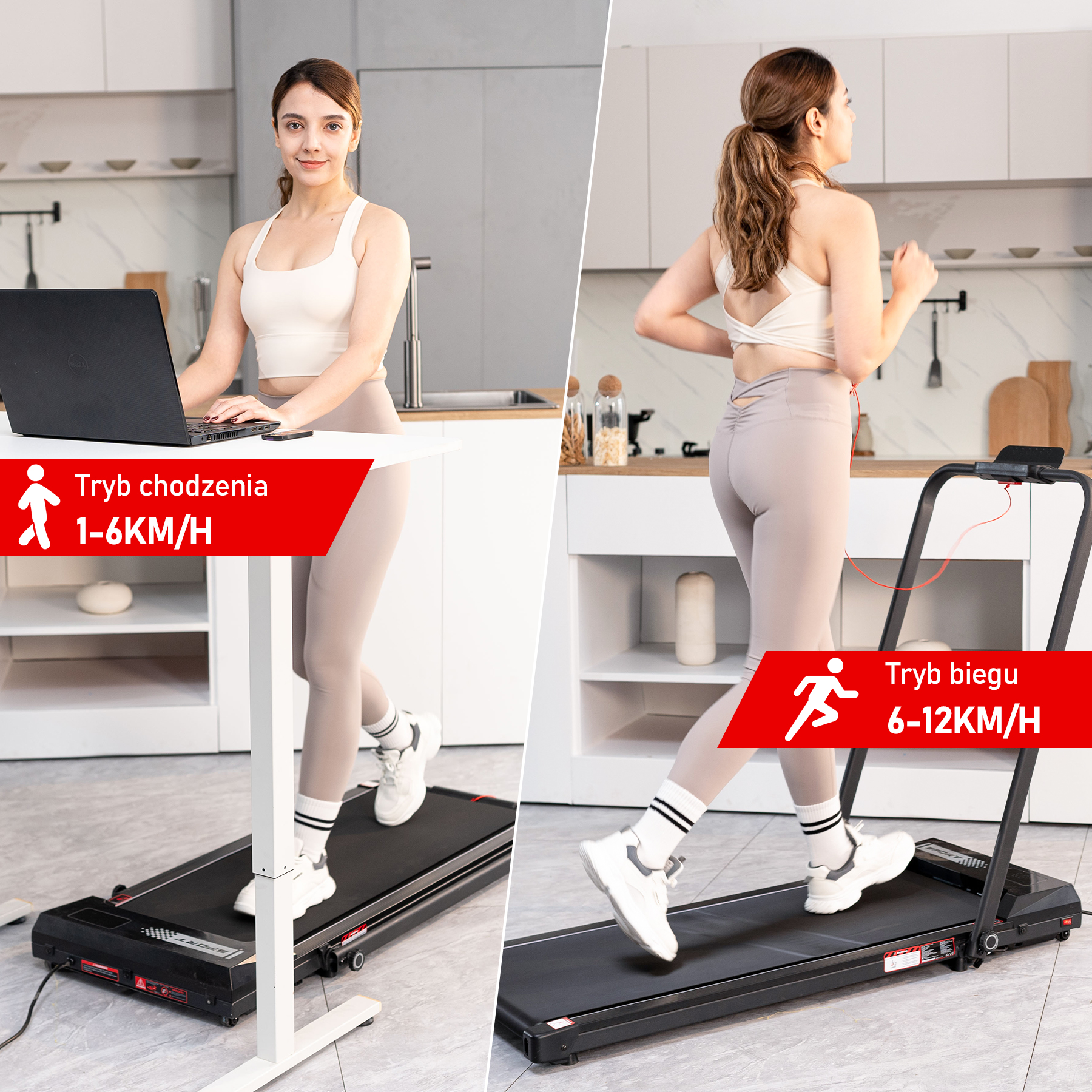 Kobieta na bieżni z laptopem, druga biega. Scena z tłem kuchni. Tekst opisuje tryby chodzenia i biegania, zakresy prędkości.