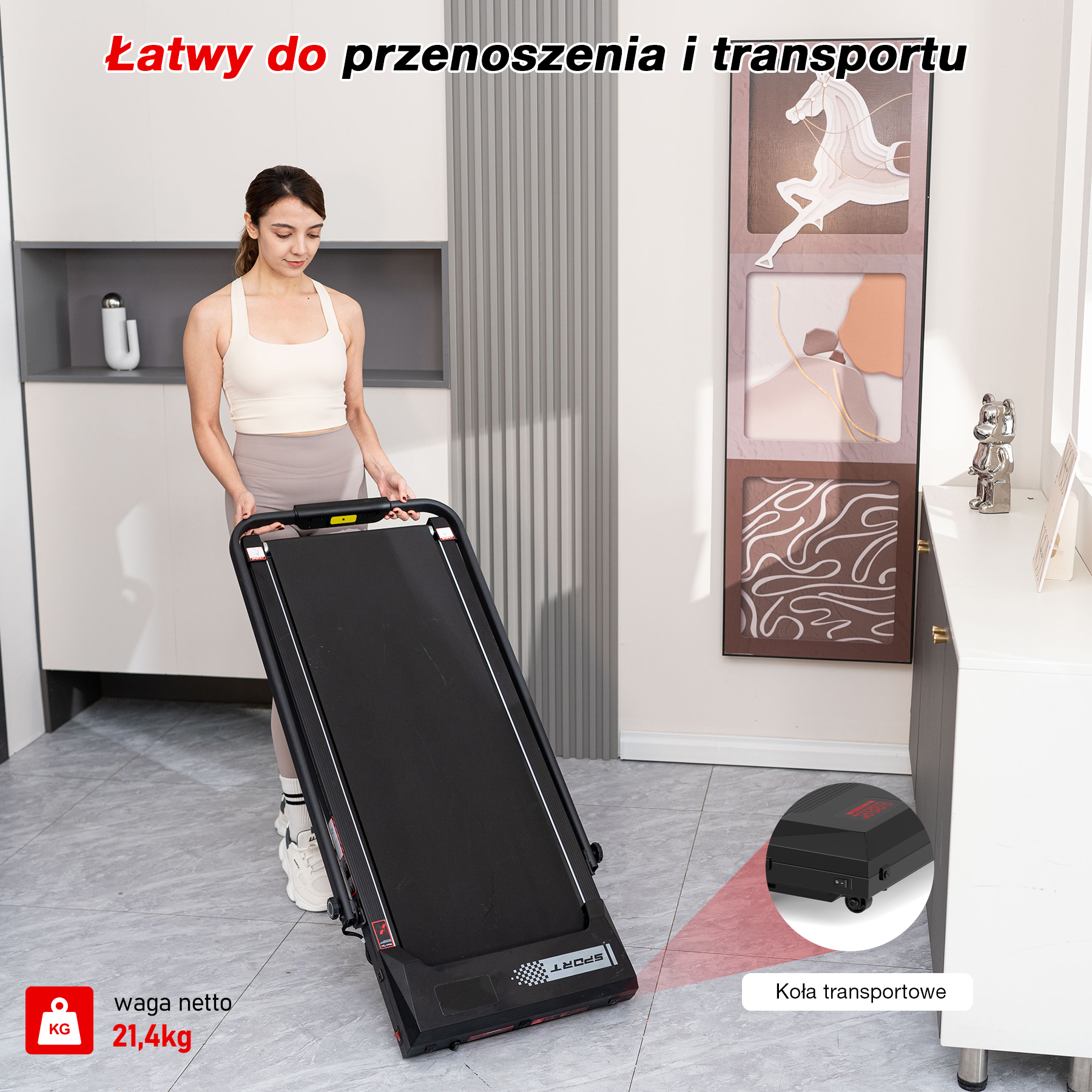 Kobieta trzyma czarną bieżnię. Tekst: 'Łatwy w przenoszeniu'. Widoczne kółka. Waga: 21,4 kg.