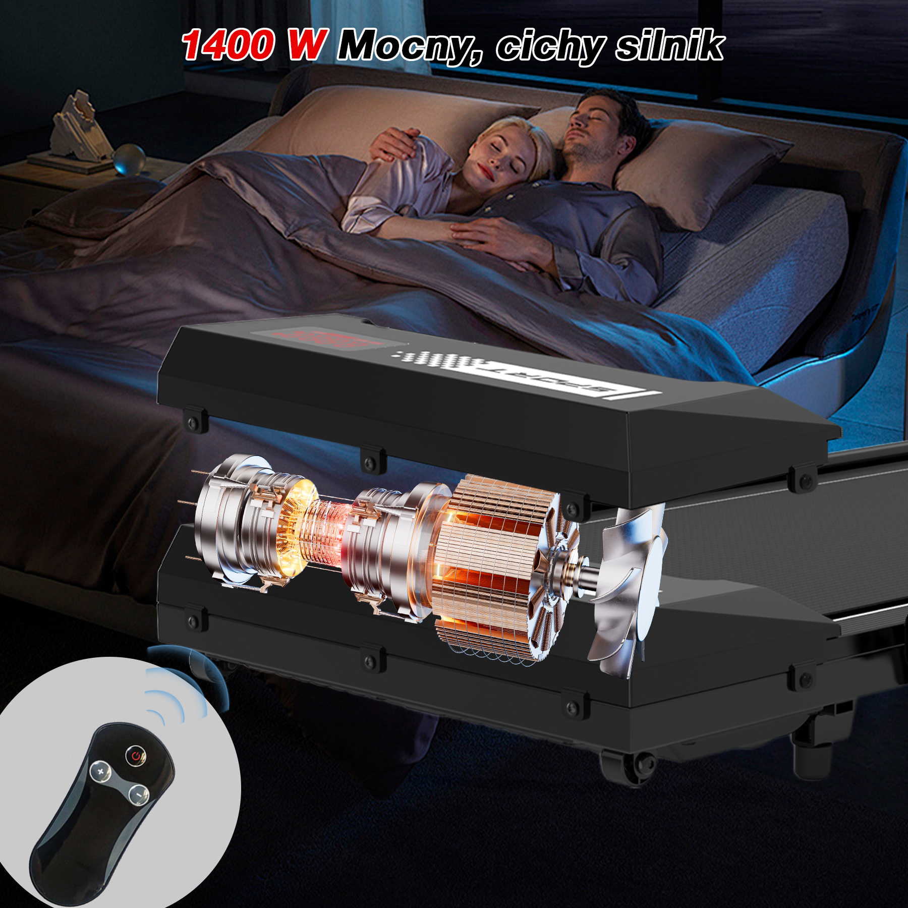 Para śpi na łóżku. Silnik bieżni jest wycięty, z pilotem w lewym dolnym rogu.