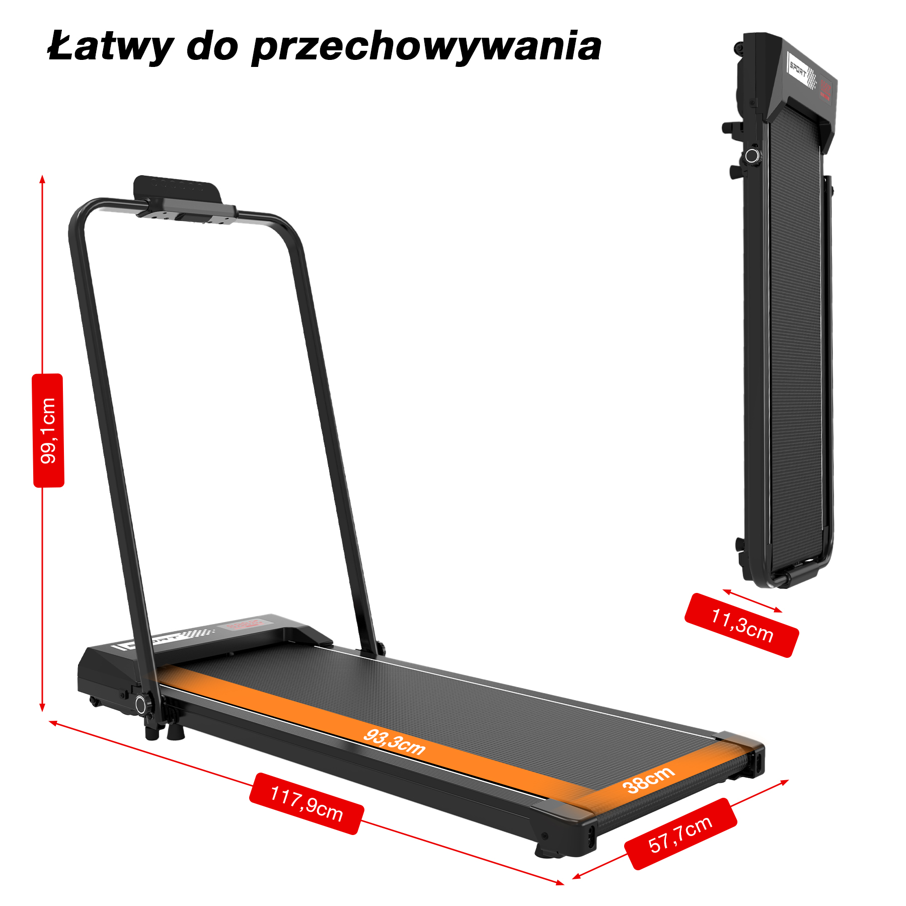 Czarna i pomarańczowa bieżnia z wymiarami. Składana bieżnia po prawej. Tytuł "Łatwy do przechowywania" na górze.