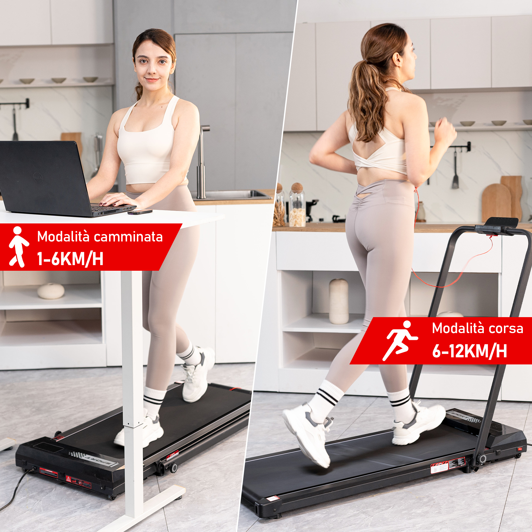 Donna su tapis roulant, usa un laptop. Un'altra donna corre su un tapis roulant. Sono in un ambiente cucina.
