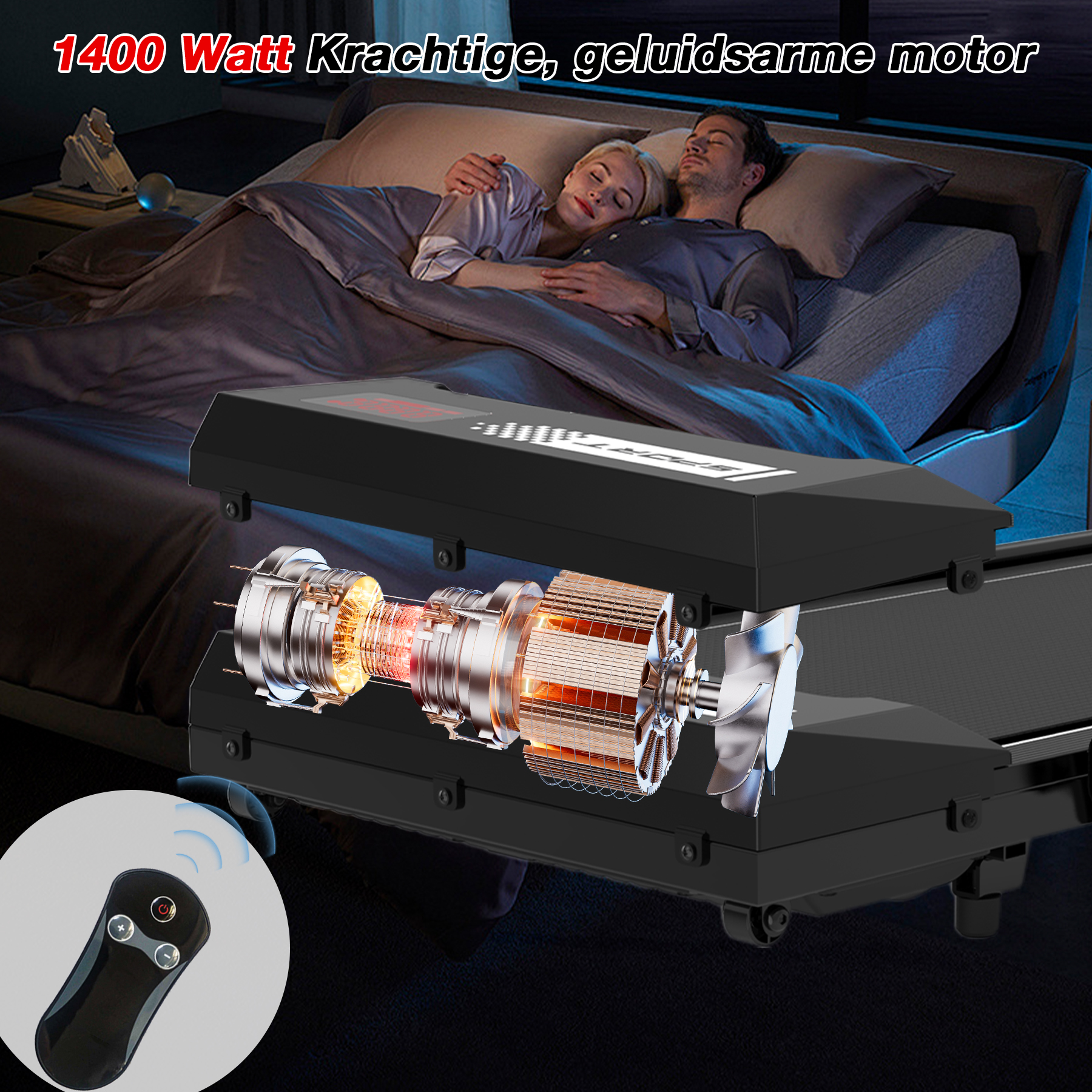 Een stel slaapt op een bed. De motor van een loopband wordt getoond. Een afstandsbediening ligt op de voorgrond.
