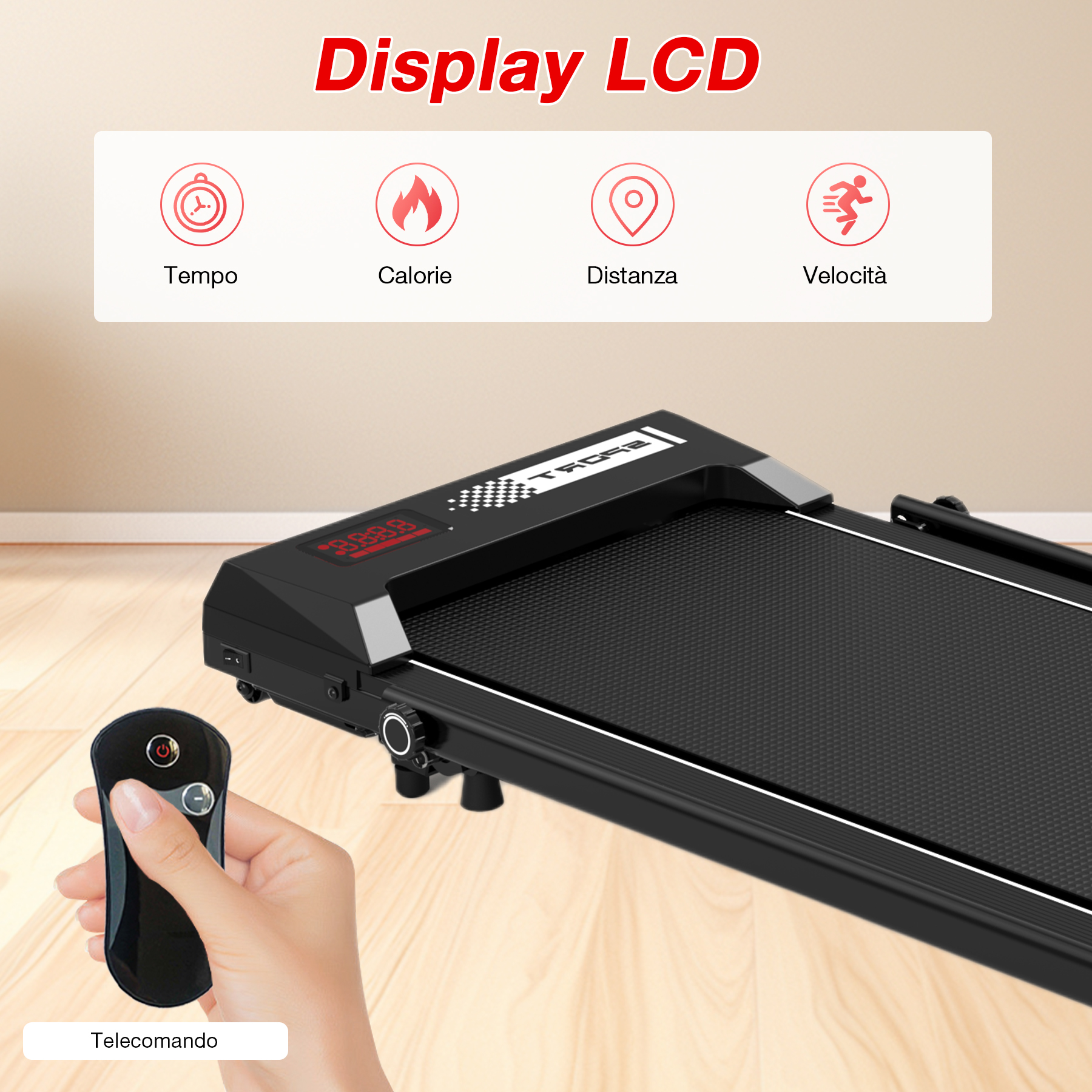 Un tapis roulant con un display che mostra tempo, calorie, distanza e velocità. Una mano tiene un telecomando. La scritta 'Display LCD' in alto.