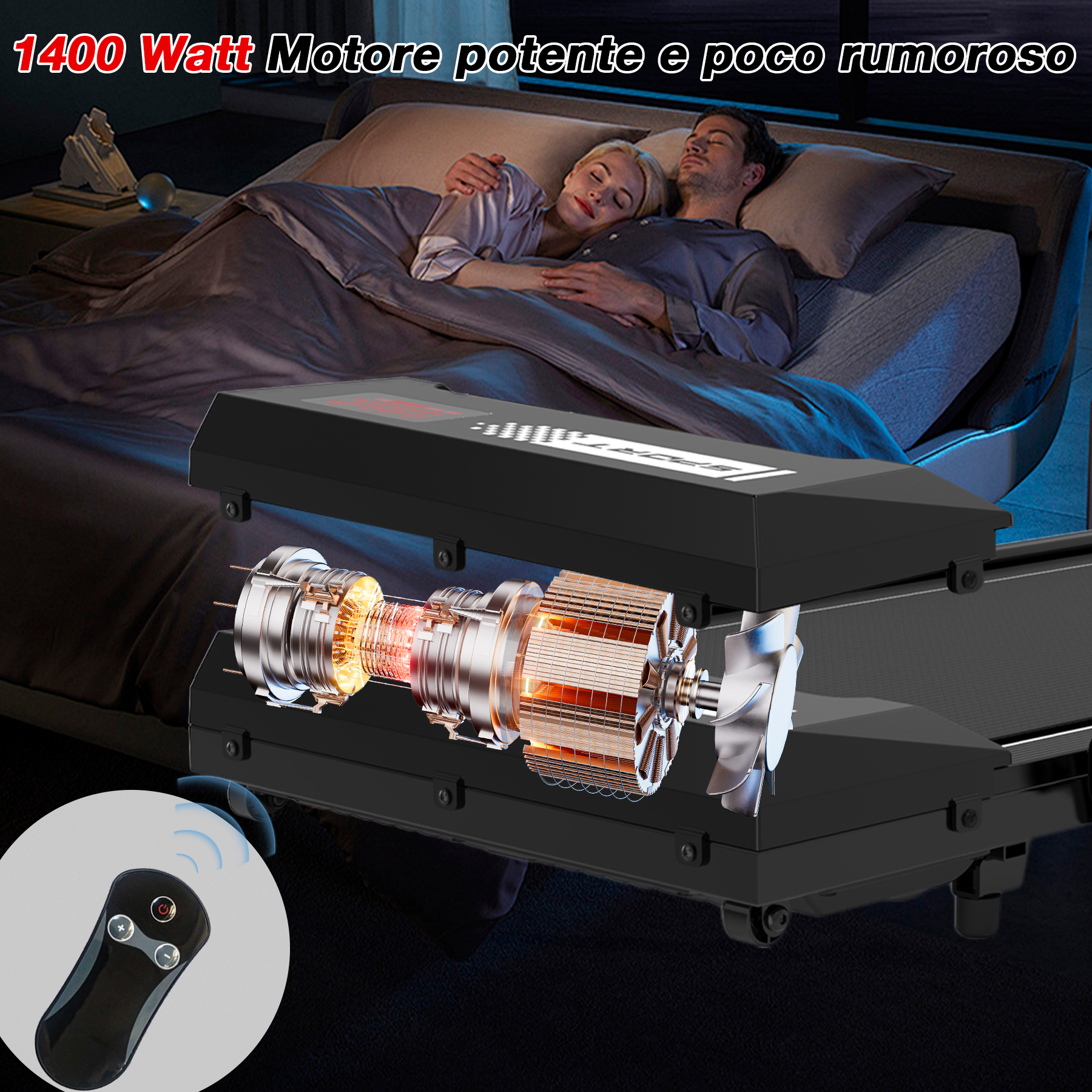 L'immagine mostra un tapis roulant con una vista in sezione del motore. Una coppia dorme a letto. Un telecomando in primo piano.