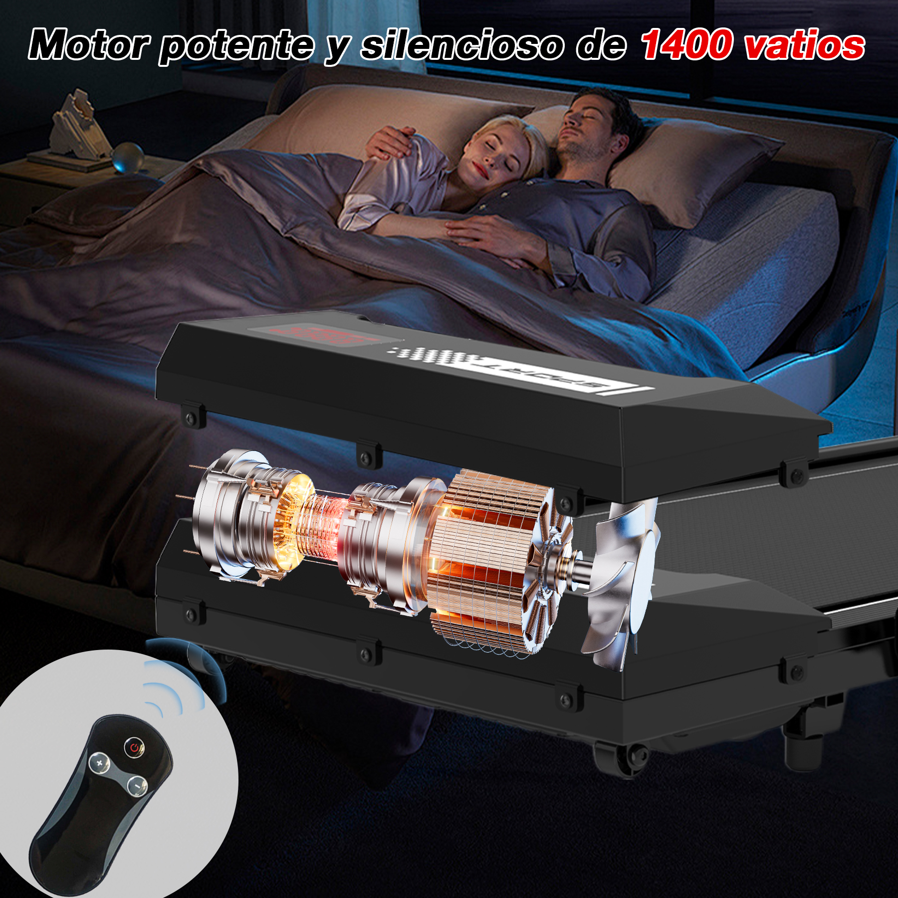 Una pareja duerme en una cama sobre una cinta de correr. El motor de la cinta es visible. Se muestra un mando a distancia abajo a la izquierda.