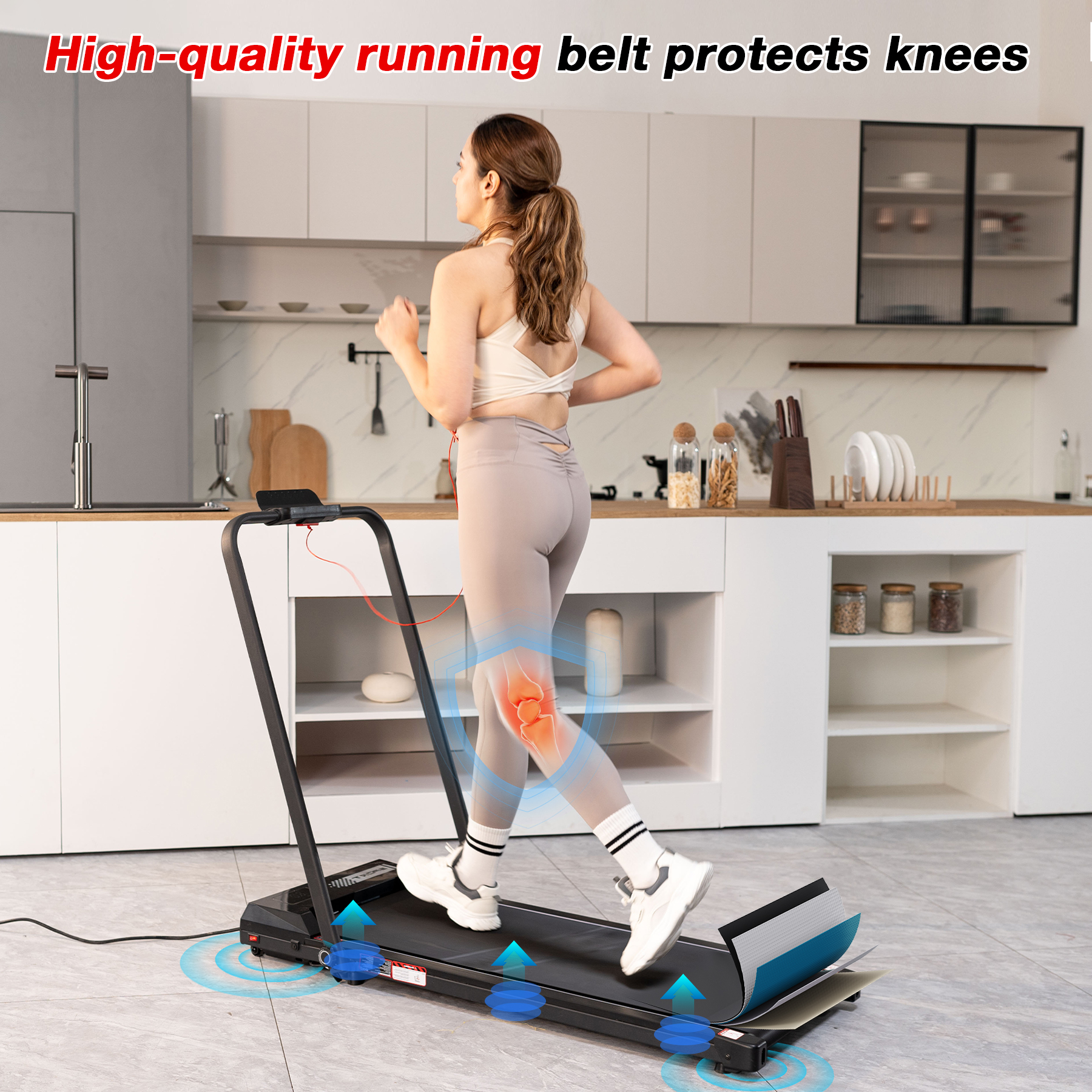 Woman running on a treadmill in a kitchen. The image highlights knees with a health-related graphic.