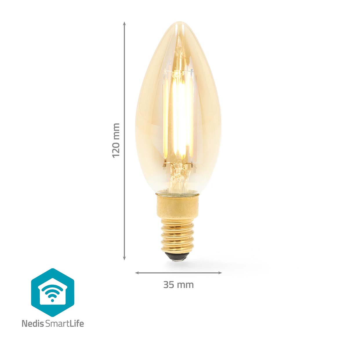 Een kaarsvormige LED-lamp met een gouden tint wordt getoond. Afmetingen: 120 mm hoog en 35 mm breed. Een logo is aanwezig.