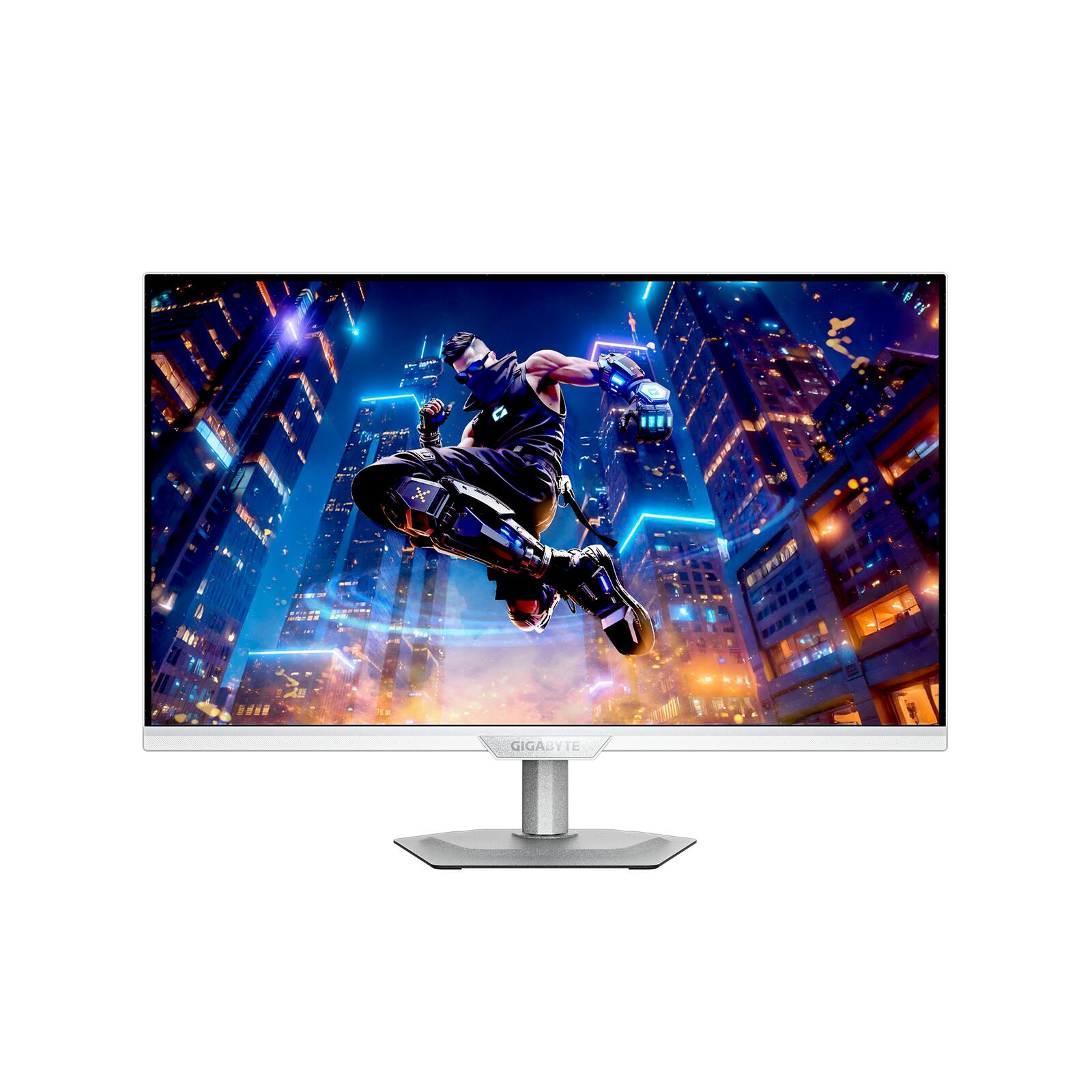 Monitor do gier wyświetla ninja skaczącego w futurystycznym mieście. Monitor ma srebrną podstawę i białą ramkę.
