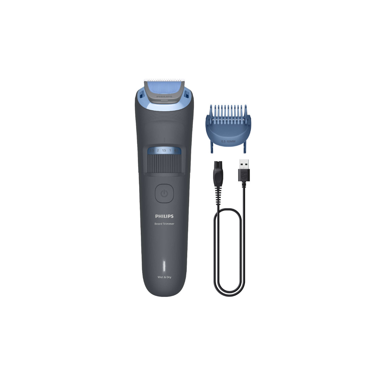 A Philips beard trimmer with accessories, including a comb, and a USB charging cable, on a white background.