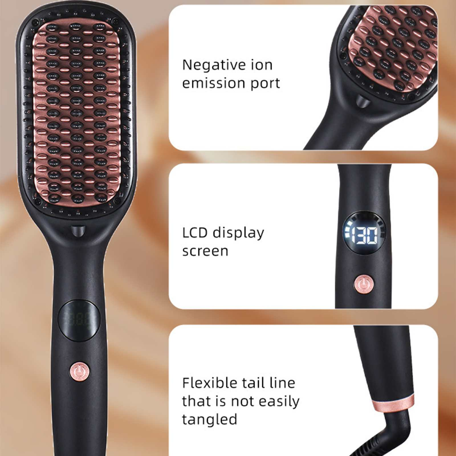 Schwarze Haarglättungsbürste mit roségoldenen Akzenten, LCD-Bildschirm und flexiblem Kabel, gekennzeichnet mit verschiedenen Funktionen.