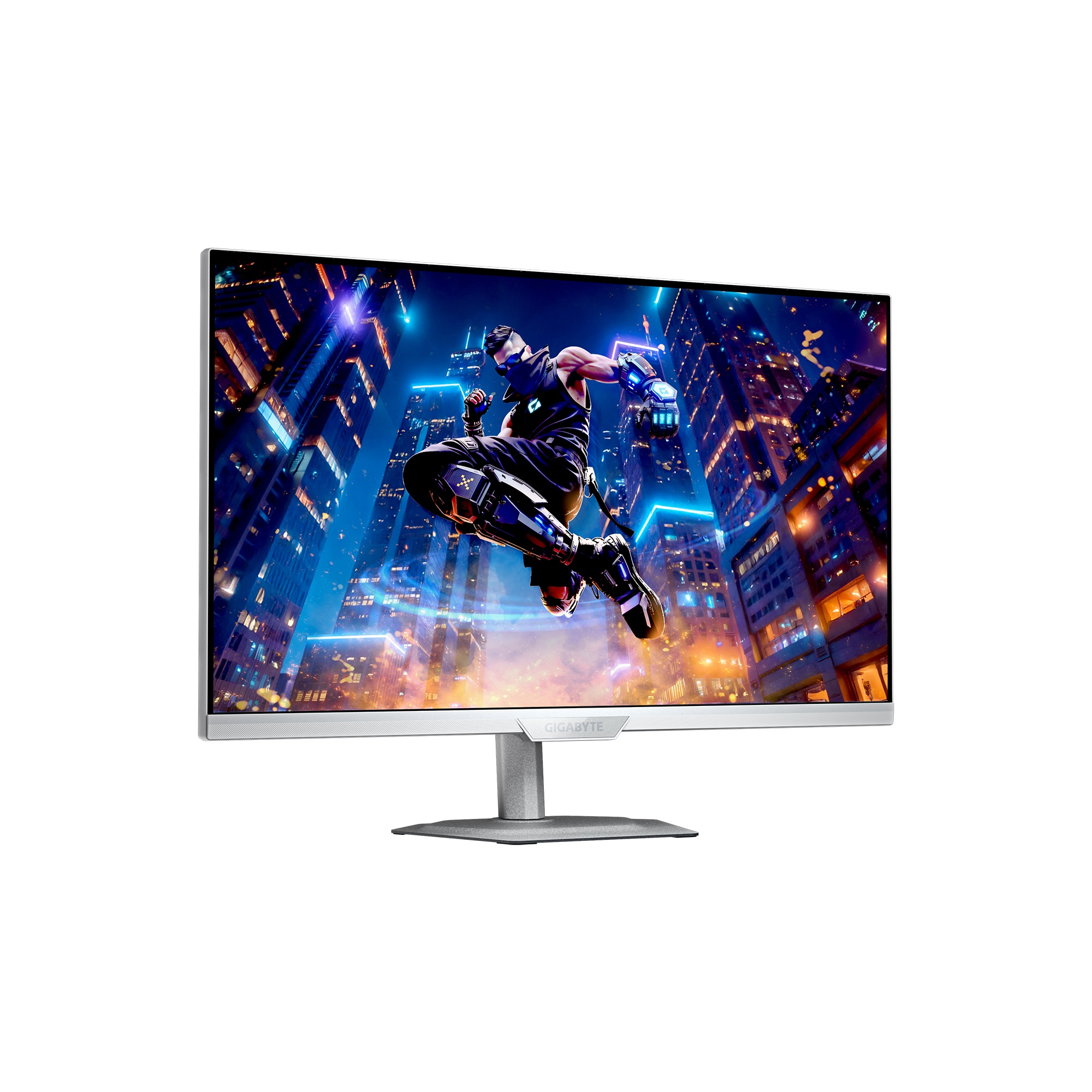 Monitor do gier wyświetla futurystyczny krajobraz miejski ze skaczącym charakterem cyborga.