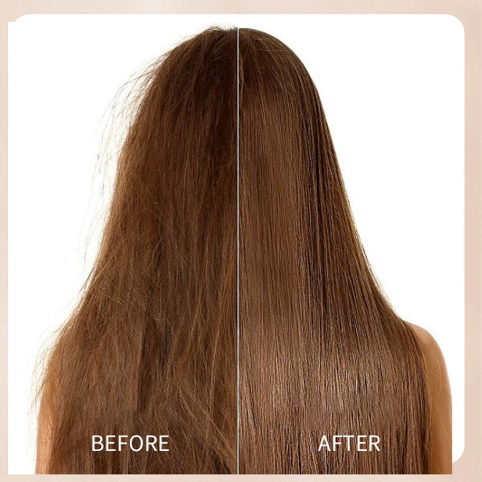 Das Bild zeigt Haare vor und nach der Behandlung. Vorher ist das Haar kraus; danach ist es glatt und glänzend. Beschriftung 'VORHER' und 'NACHHER'.