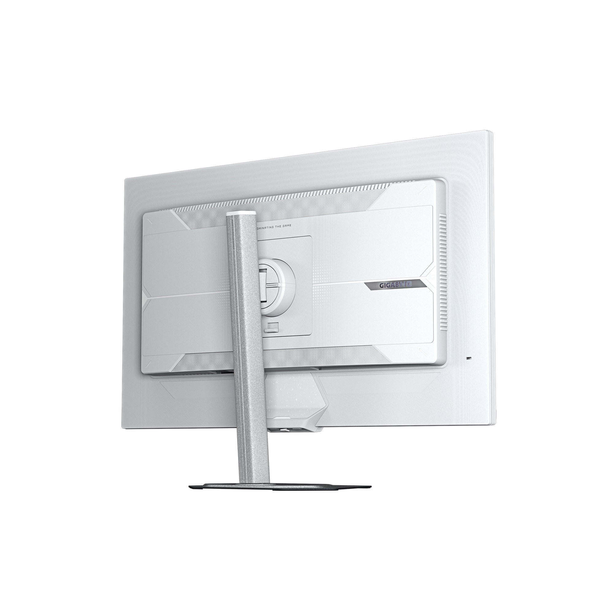 Tył białego monitora komputerowego. Metalowy stojak i tylny panel z marką GIGABYTE. Izolowane na białym tle.