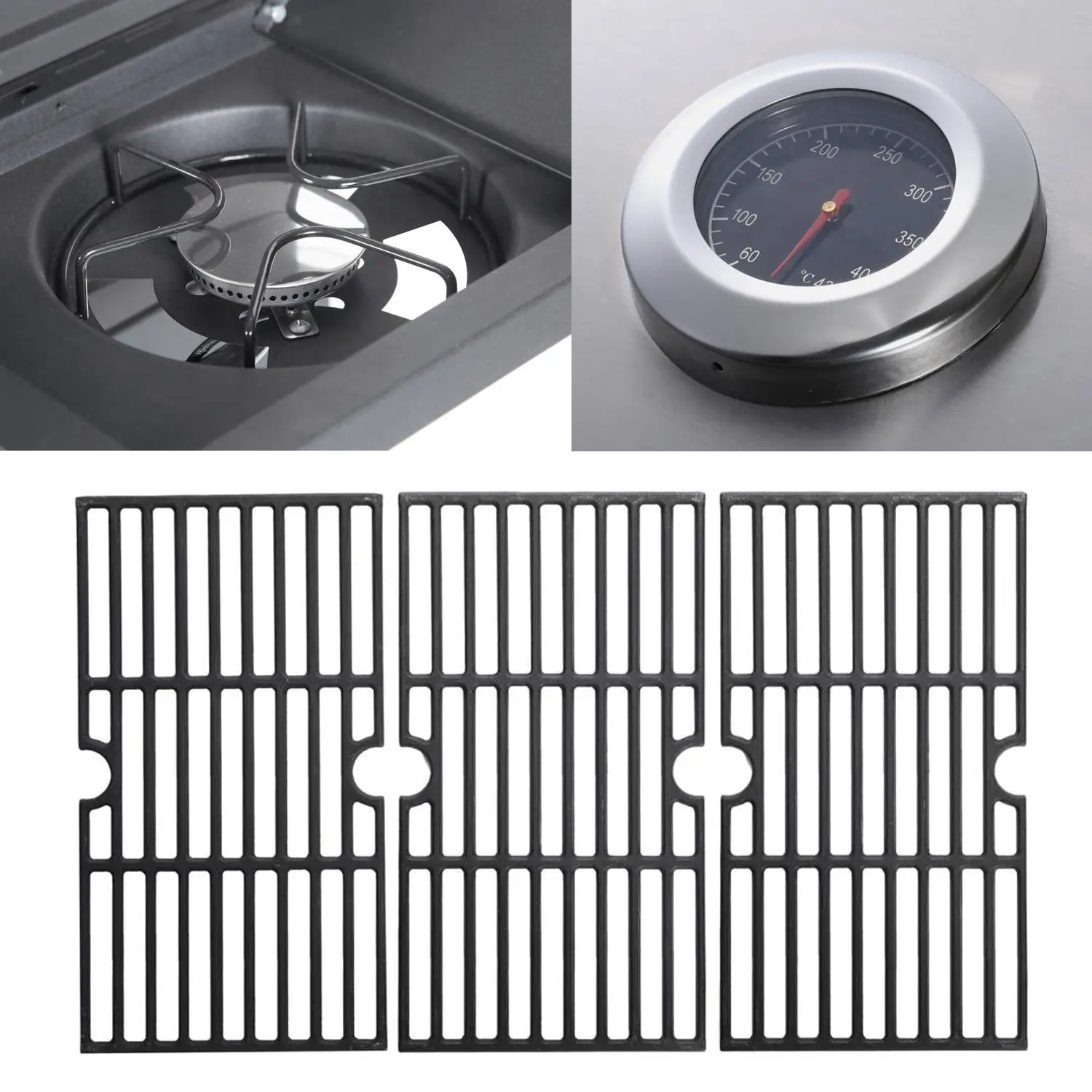 Grillkomponenten: Brenner, Thermometer und Roste. Der Brenner ist silber, das Thermometer schwarz und silber und die Roste sind schwarz.