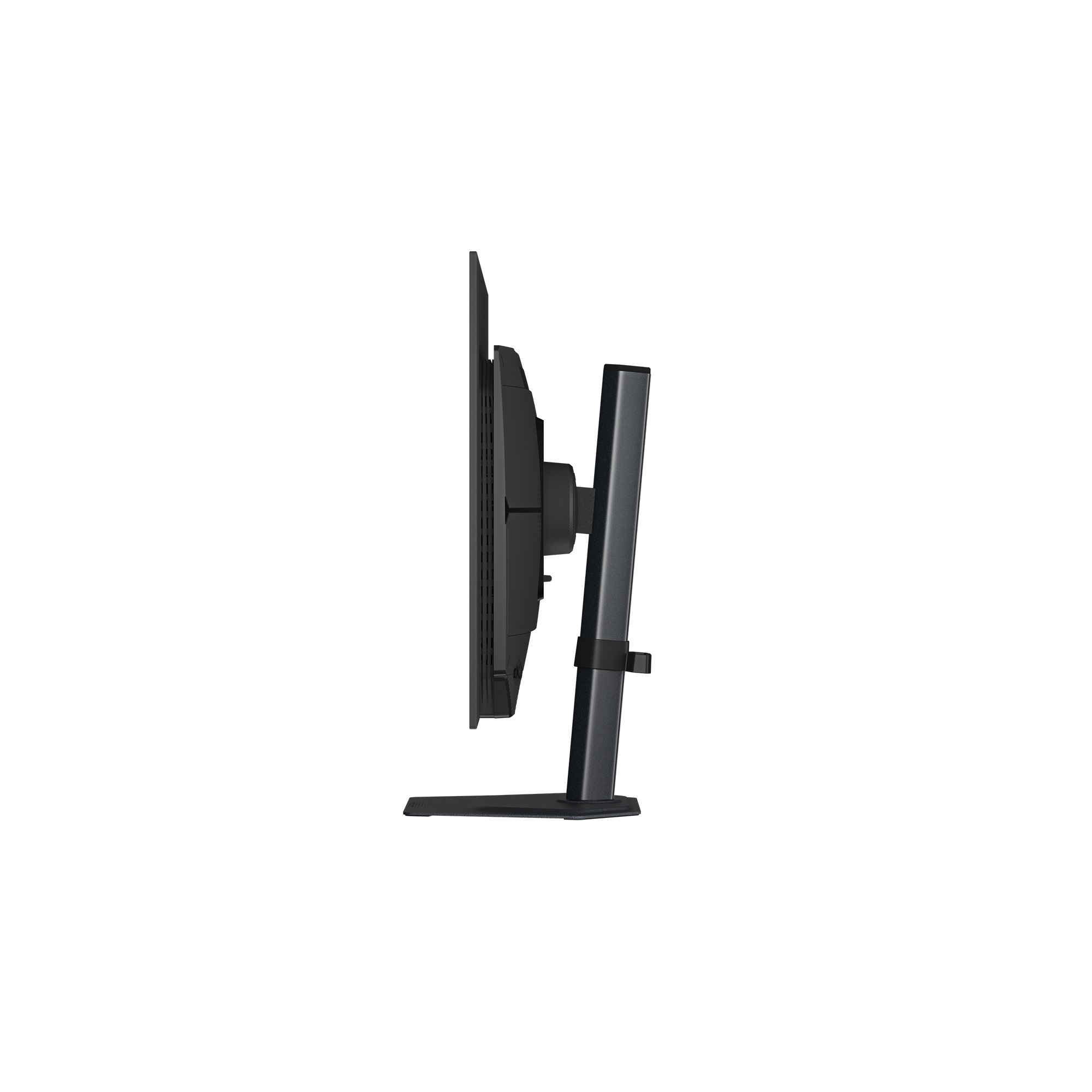 Widok z boku czarnego monitora komputera z czarną podstawą na białym tle.