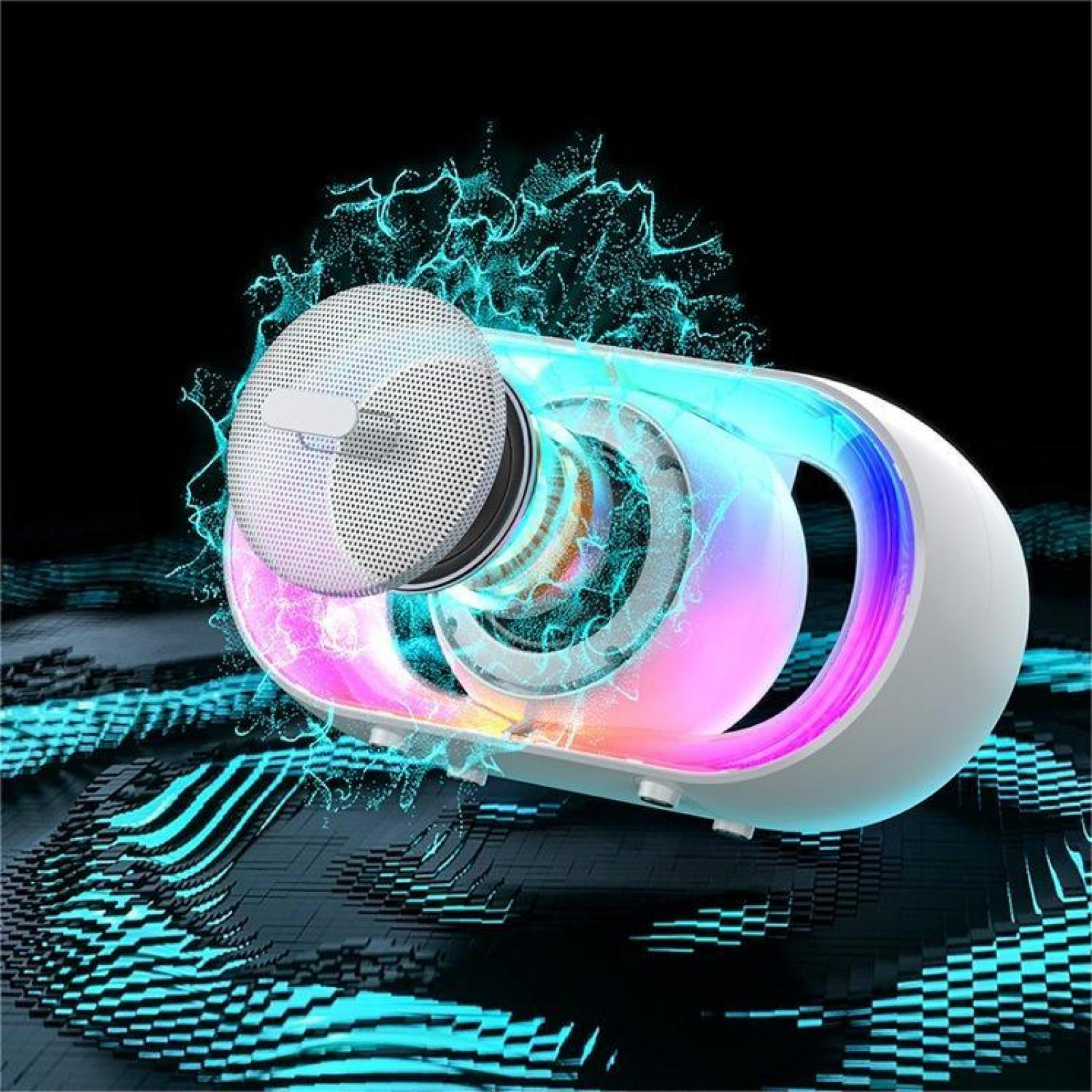 Ein futuristisches Gerät mit einer perforierten Kugel auf einem weißen, gebogenen Körper, das farbiges Licht vor dunklem Hintergrund aussendet.