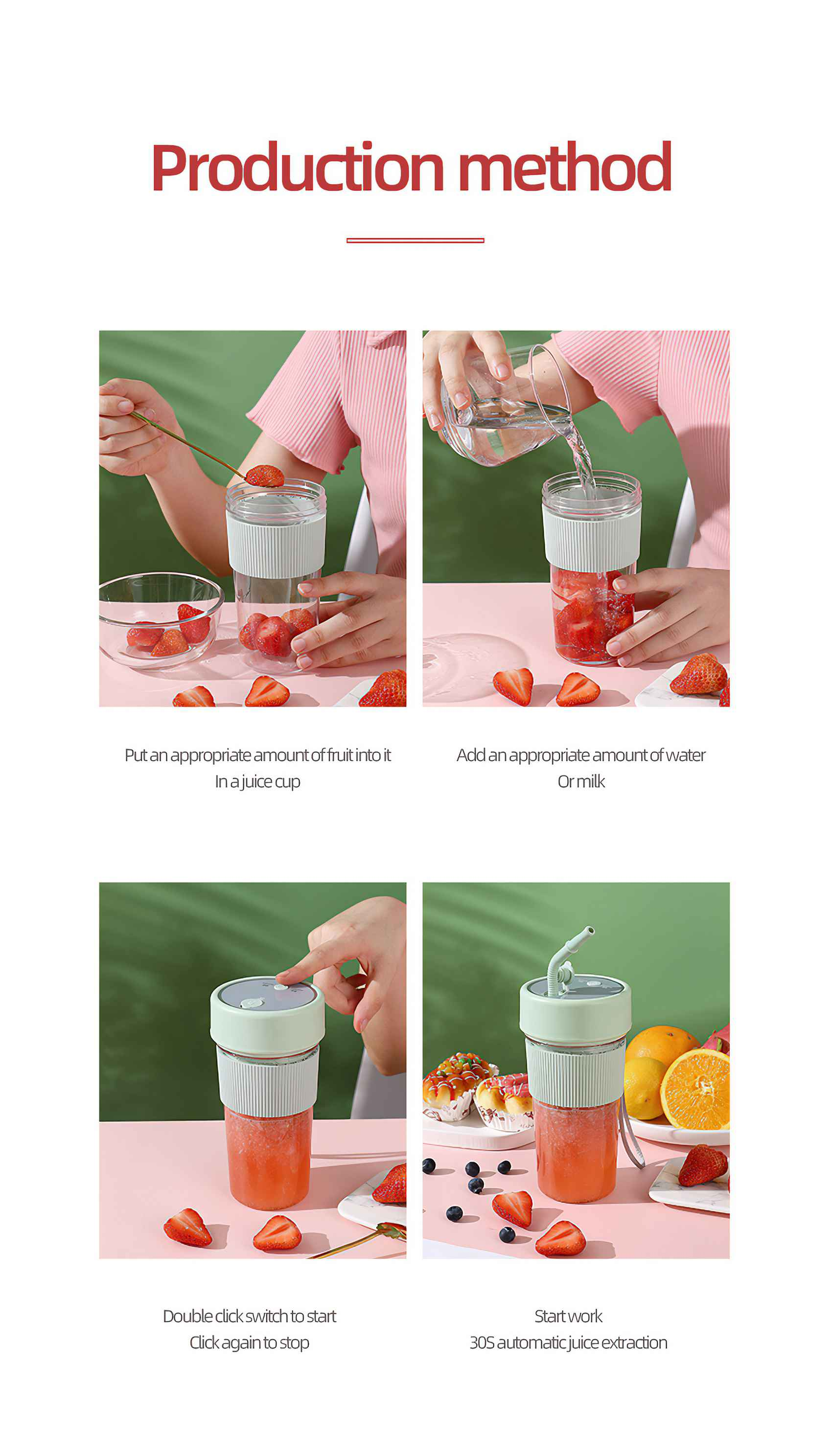 Anleitung zur Herstellung von Saft: Obst und Wasser in einen Becher geben und dann mixen. Enthält Schritte mit Bildern und Text.