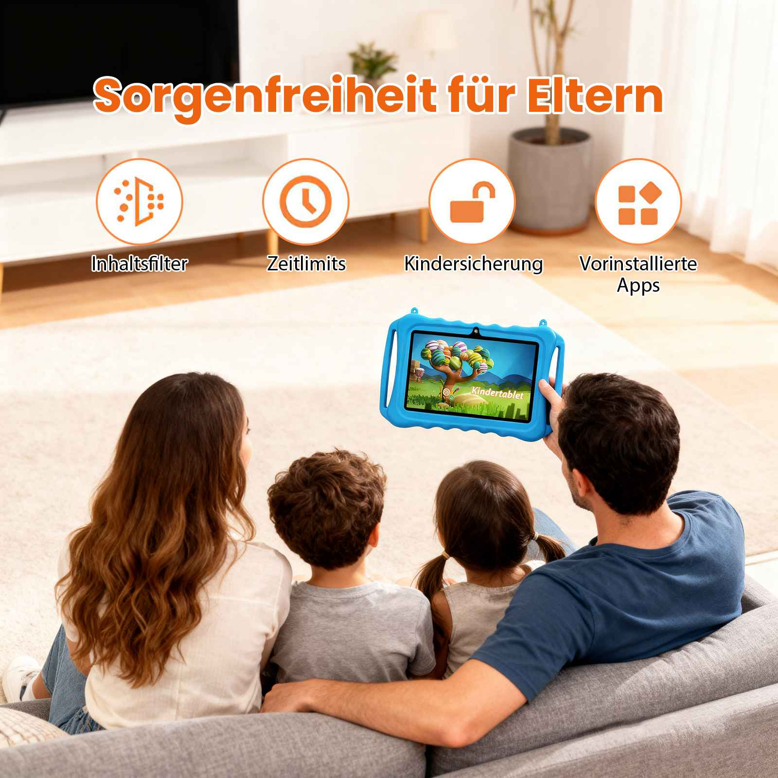 Familie auf dem Sofa betrachtet ein Tablet. Das Tablet zeigt einen bunten Bildschirm. Text: 'Sorgenfreiheit für Eltern'.