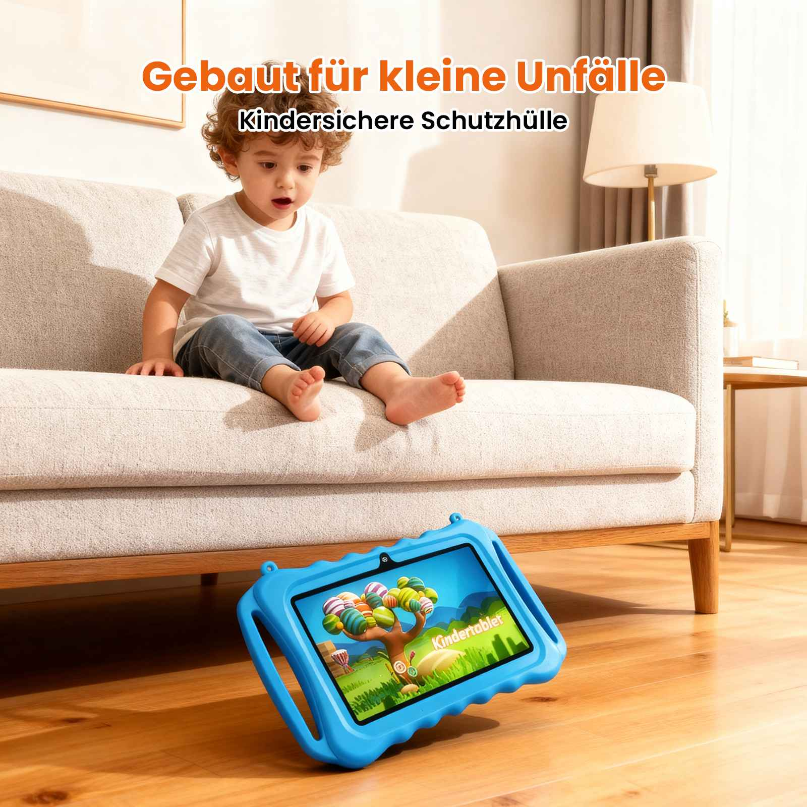 Ein Kind sitzt auf einem Sofa und betrachtet ein blaues Tablet. Das Tablet zeigt eine bunte Baumszene.