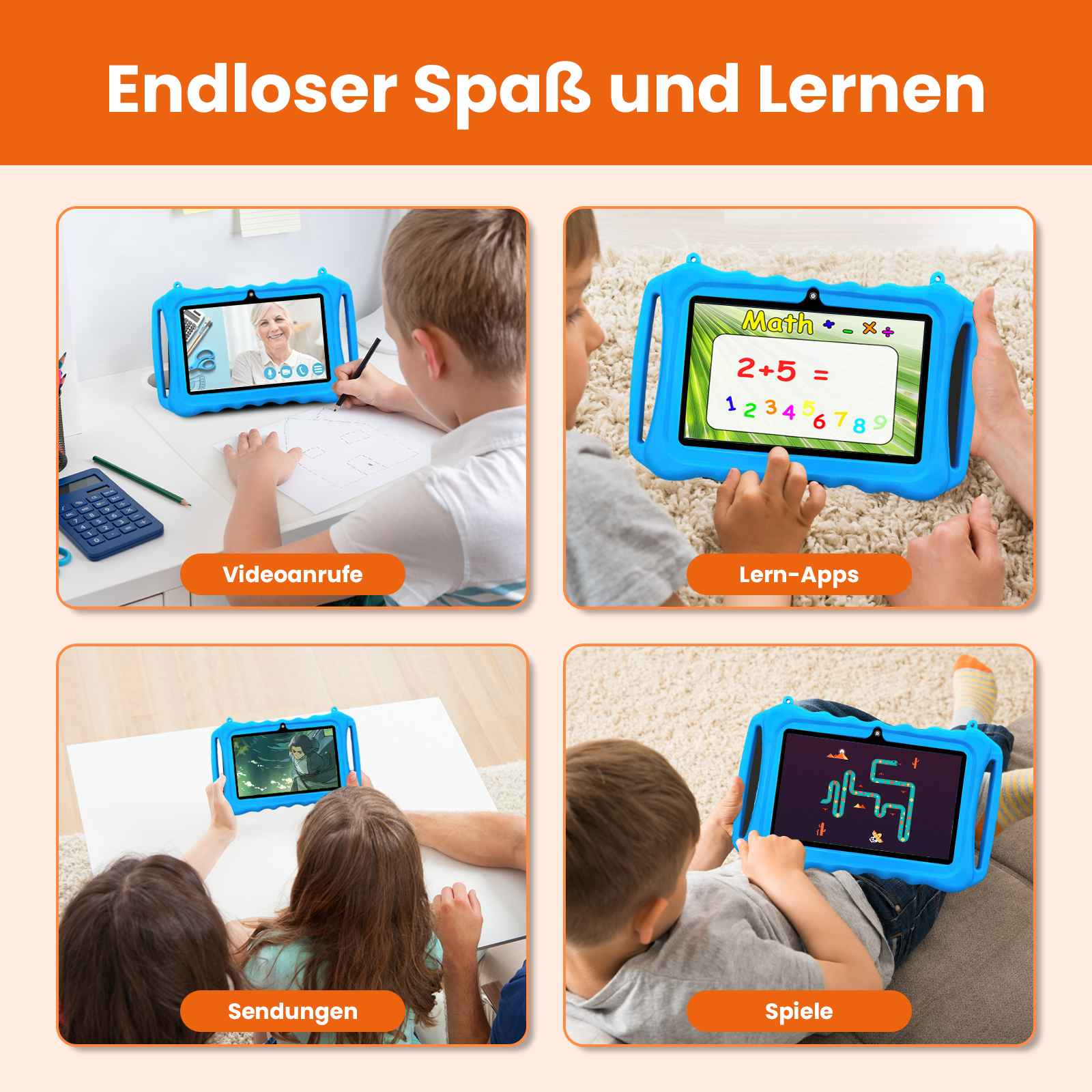 Ein Tablet mit Videoanrufen, Matheaufgaben, Cartoons und Spielen. Es hat blaue Hüllen. Kinder benutzen sie.
