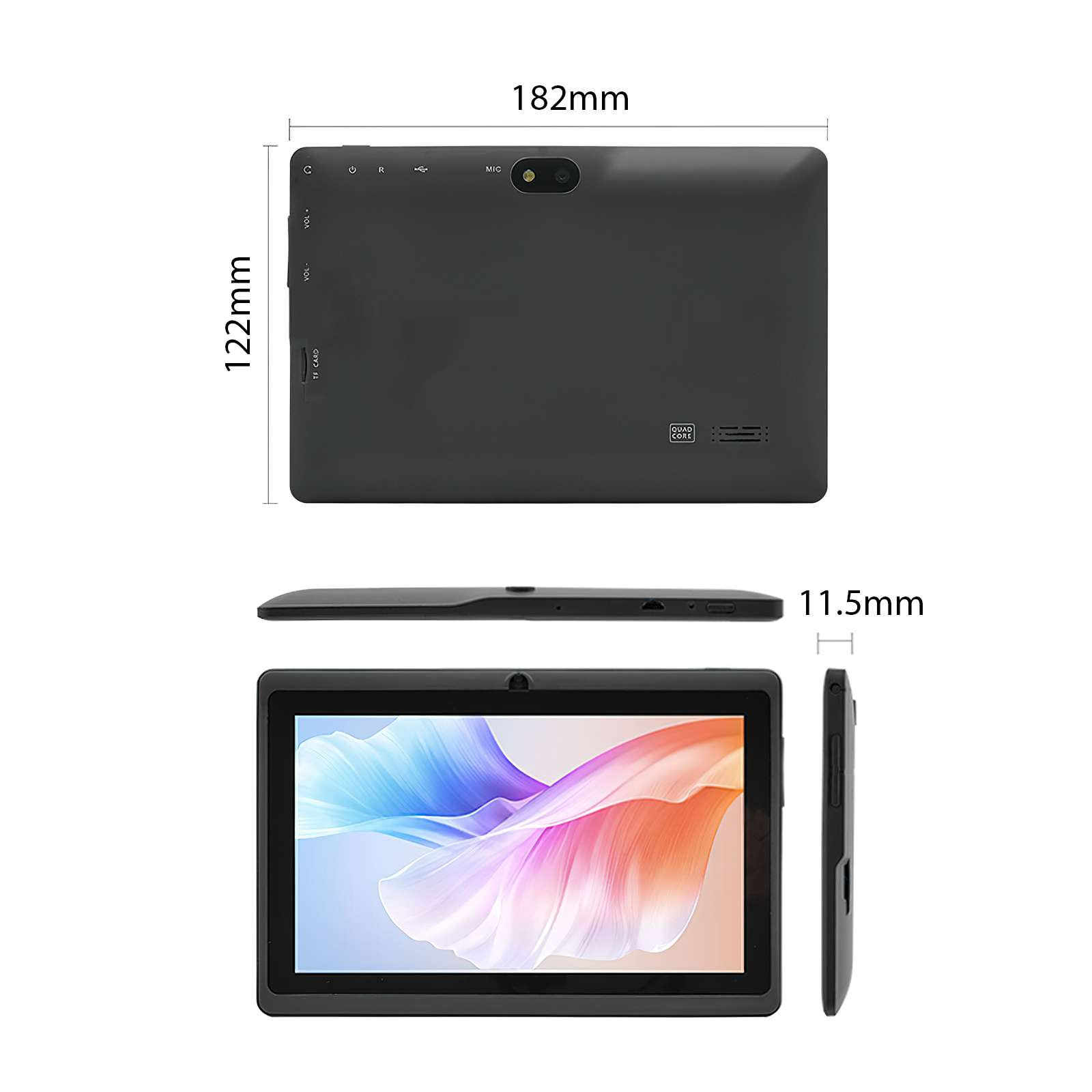 Ein schwarzes Tablet mit abgebildeten Abmessungen. Die Vorderseite zeigt einen Bildschirm mit farbenfrohem Design. Seiten- und Draufsicht gezeigt.