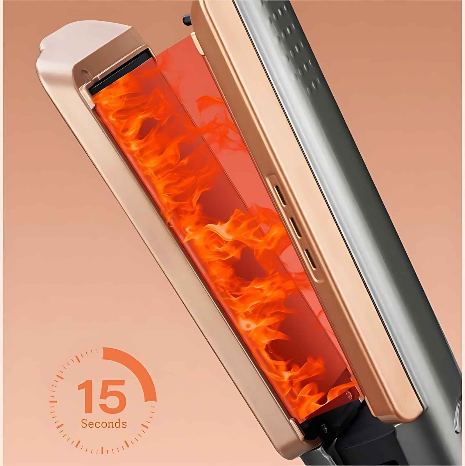 Haarglätter mit einem orangefarbenen, flammenartigen Heizelement. Ein Timer zeigt 15 Sekunden an. Der Hintergrund ist hellorange.