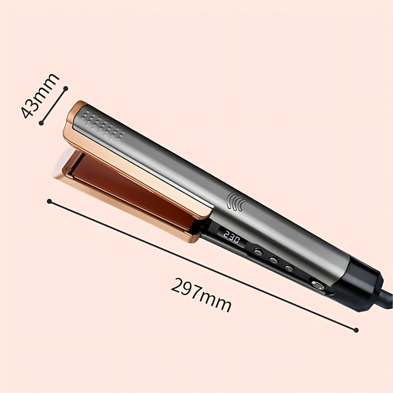 Ein Haarglätter mit digitaler Anzeige, die 230 Grad anzeigt. Er ist silber- und goldfarben mit einem schwarzen Netzkabel.