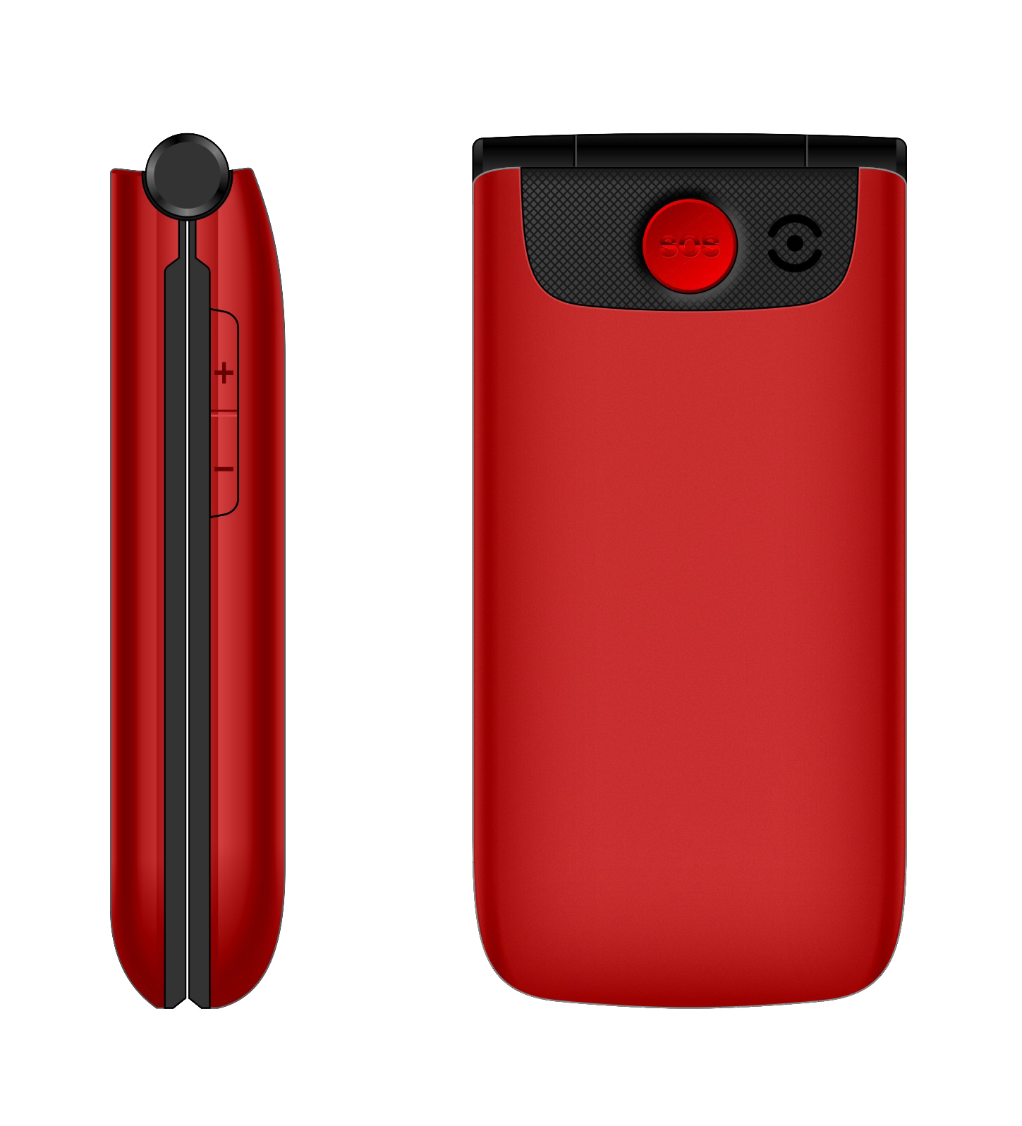 Teléfono rojo plegable con detalles negros. Vista lateral muestra botones de volumen. Vista frontal tiene botón SOS y altavoz.