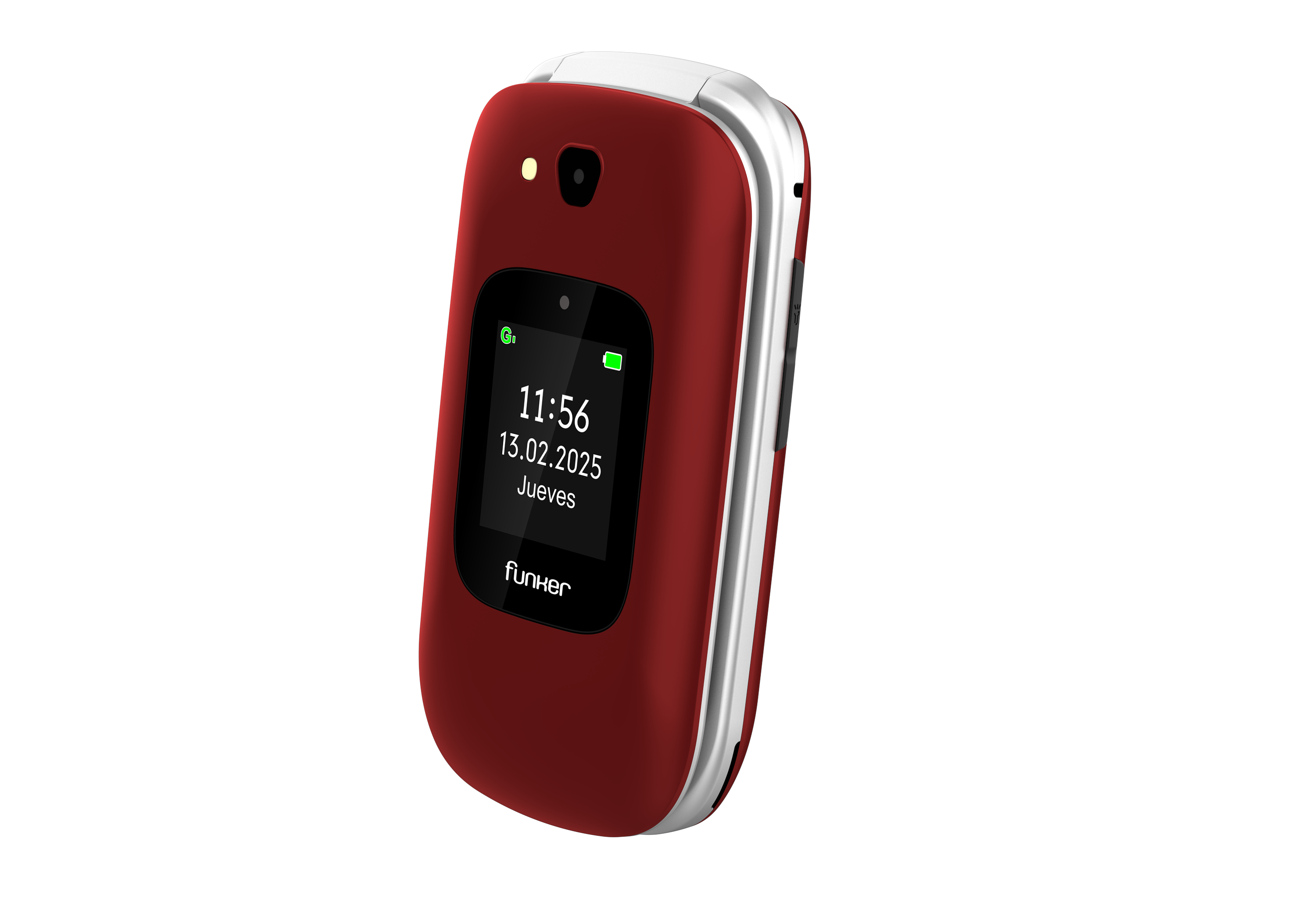 Un teléfono rojo plegable con una pantalla que muestra la hora y la fecha sobre un fondo negro.