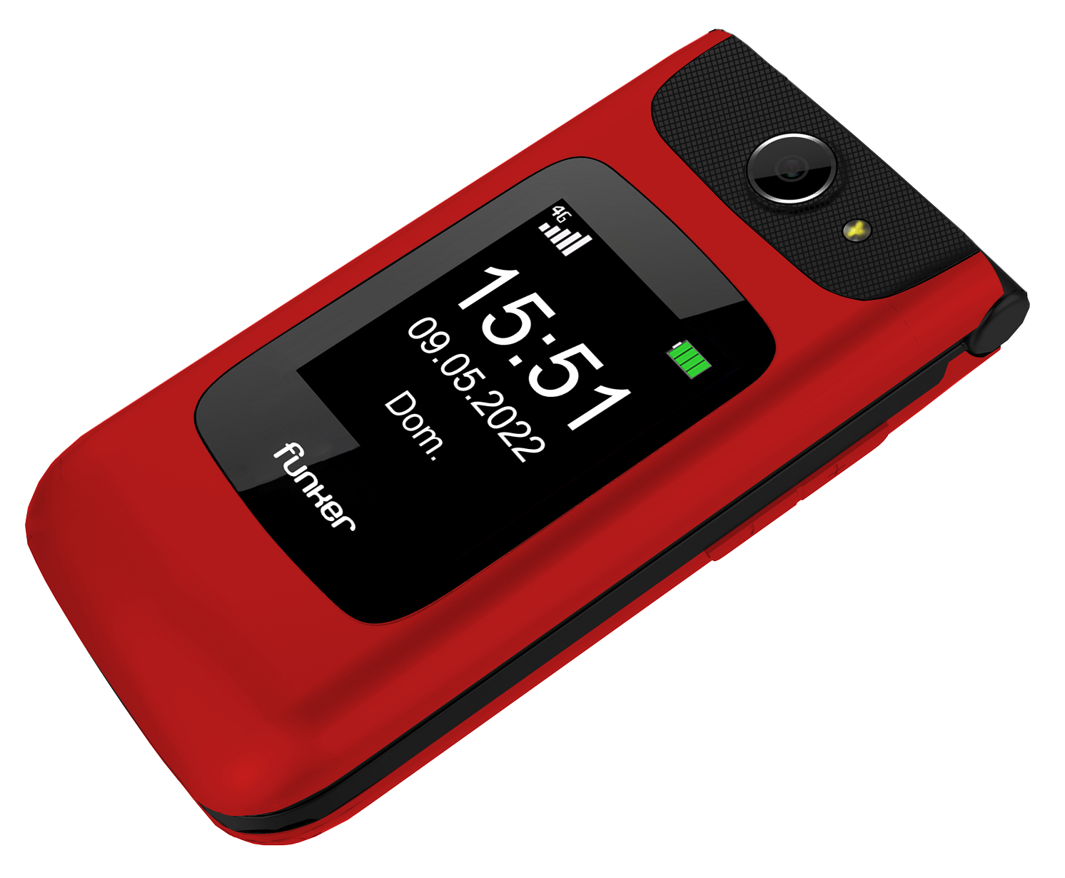 Un teléfono rojo con pantalla negra que muestra hora, fecha y batería. Tiene cámara y altavoz en la parte superior.