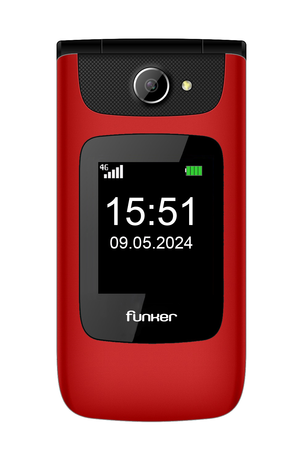 Teléfono rojo con tapa y detalles negros. Pantalla muestra hora y fecha. Cámara y flash visibles en la parte superior.
