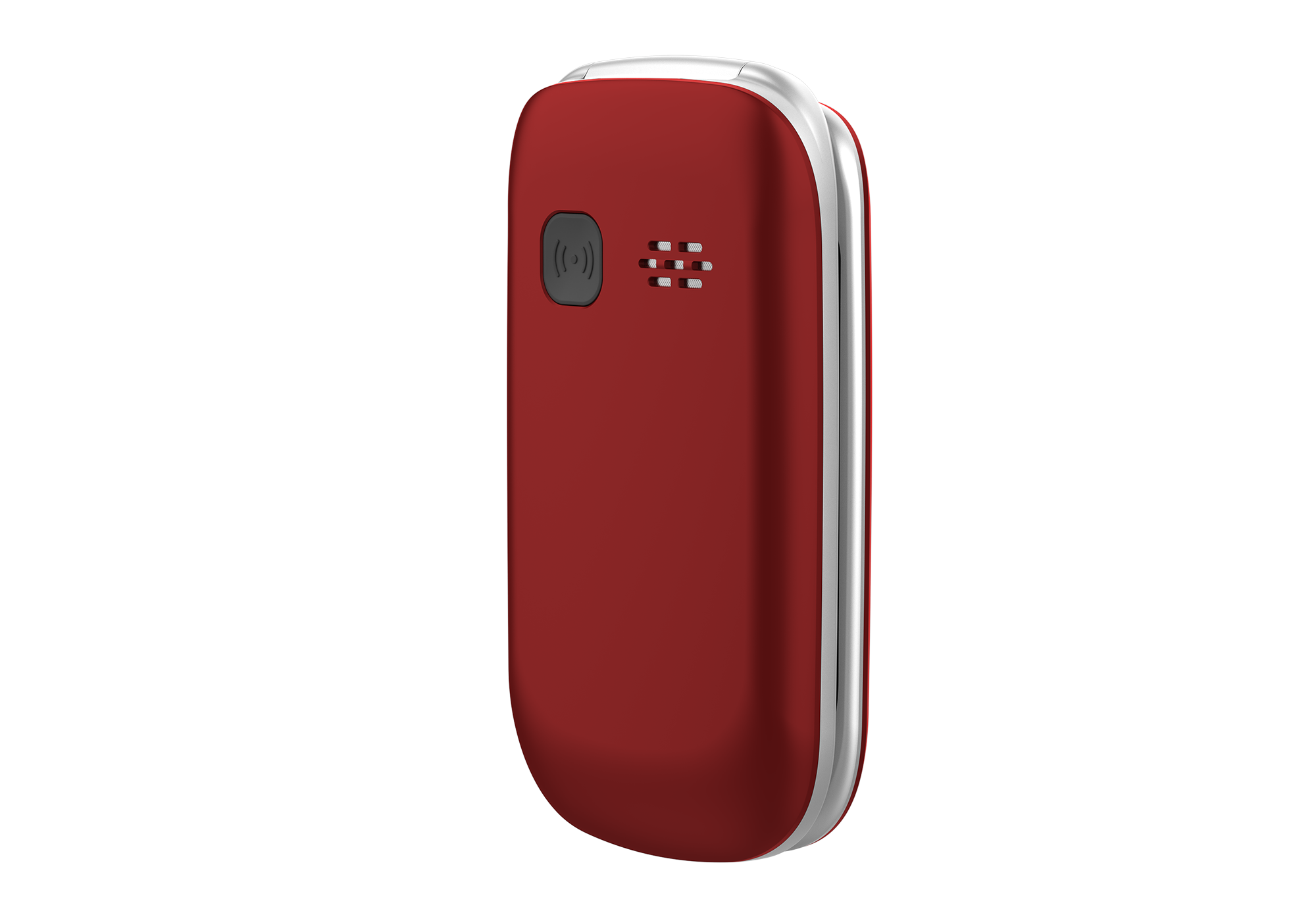 Un teléfono rojo con borde plateado. Tiene altavoz, botón con icono de señal y parte superior plateada.