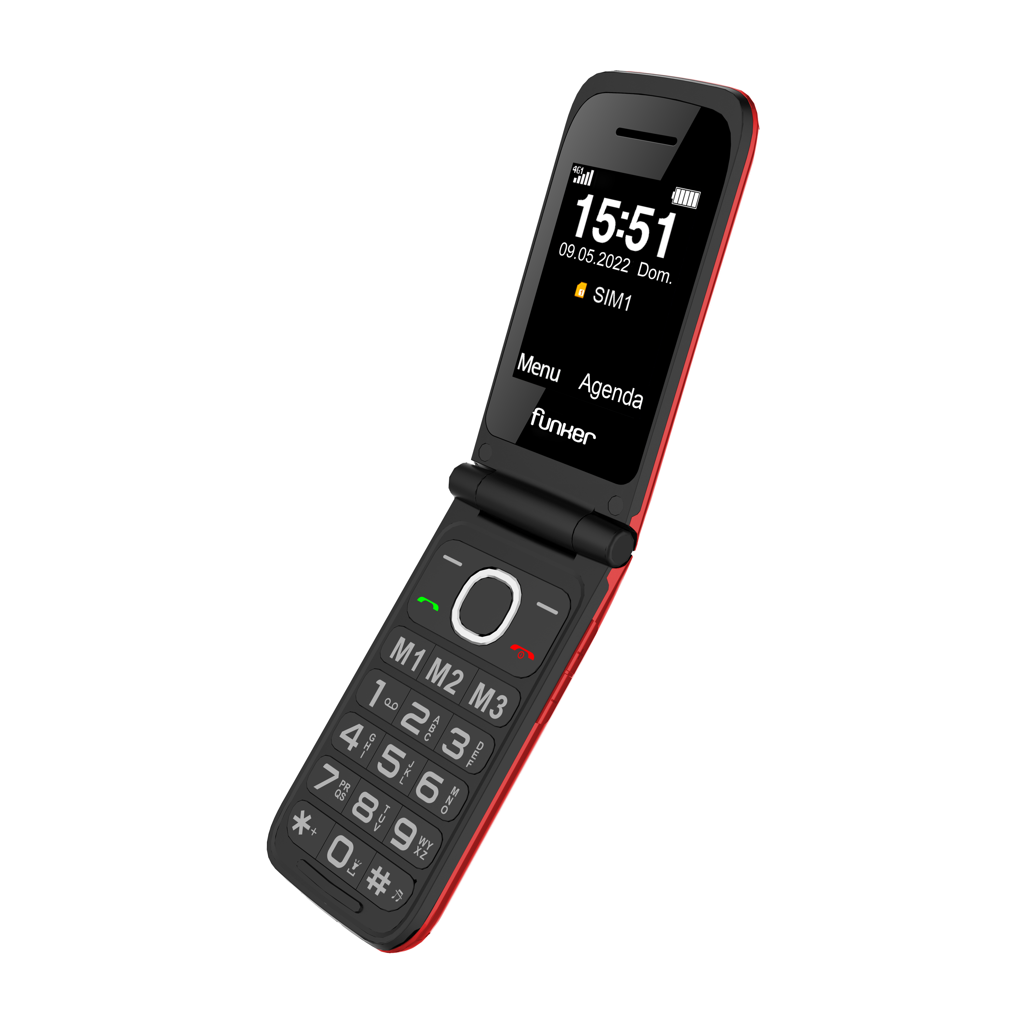 Un teléfono plegable negro y rojo muestra la hora 15:51. Tiene teclado, pantalla y la marca 'funker'.