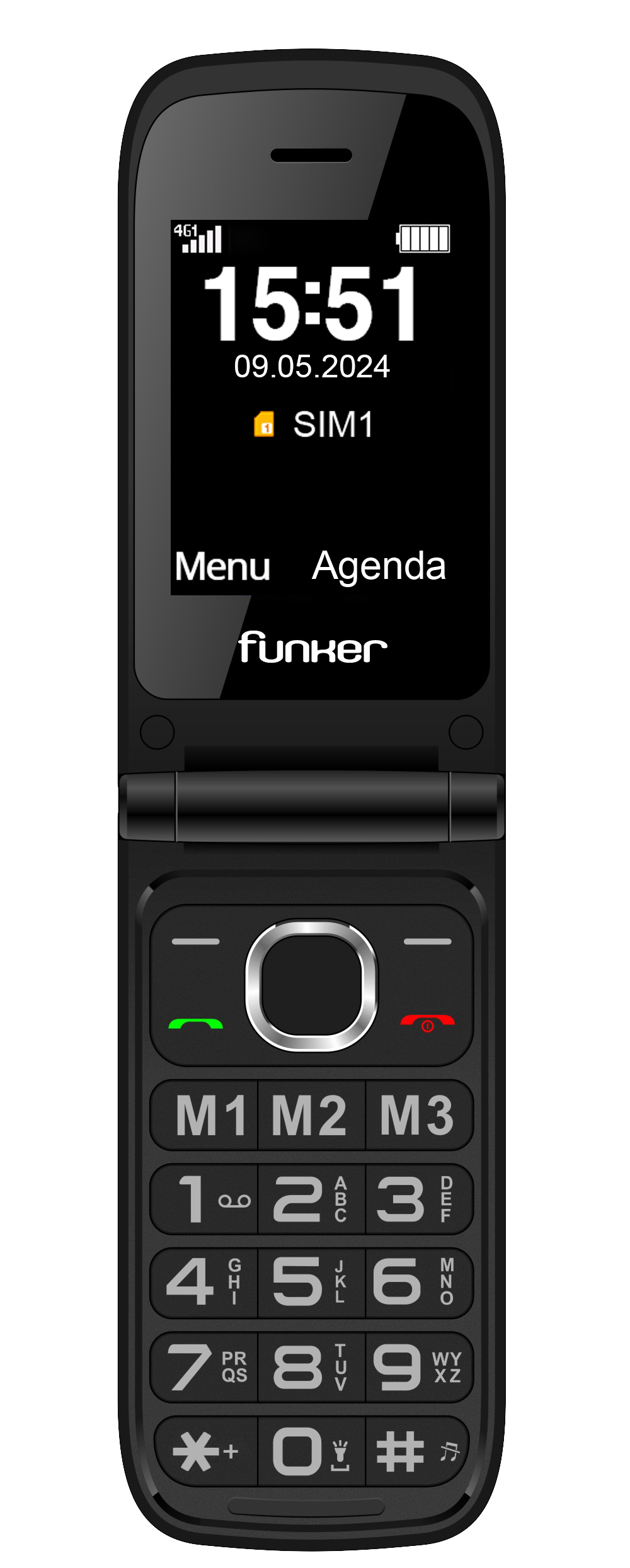 Teléfono plegable negro muestra hora, fecha e info SIM. El teclado tiene números y teclas de función.