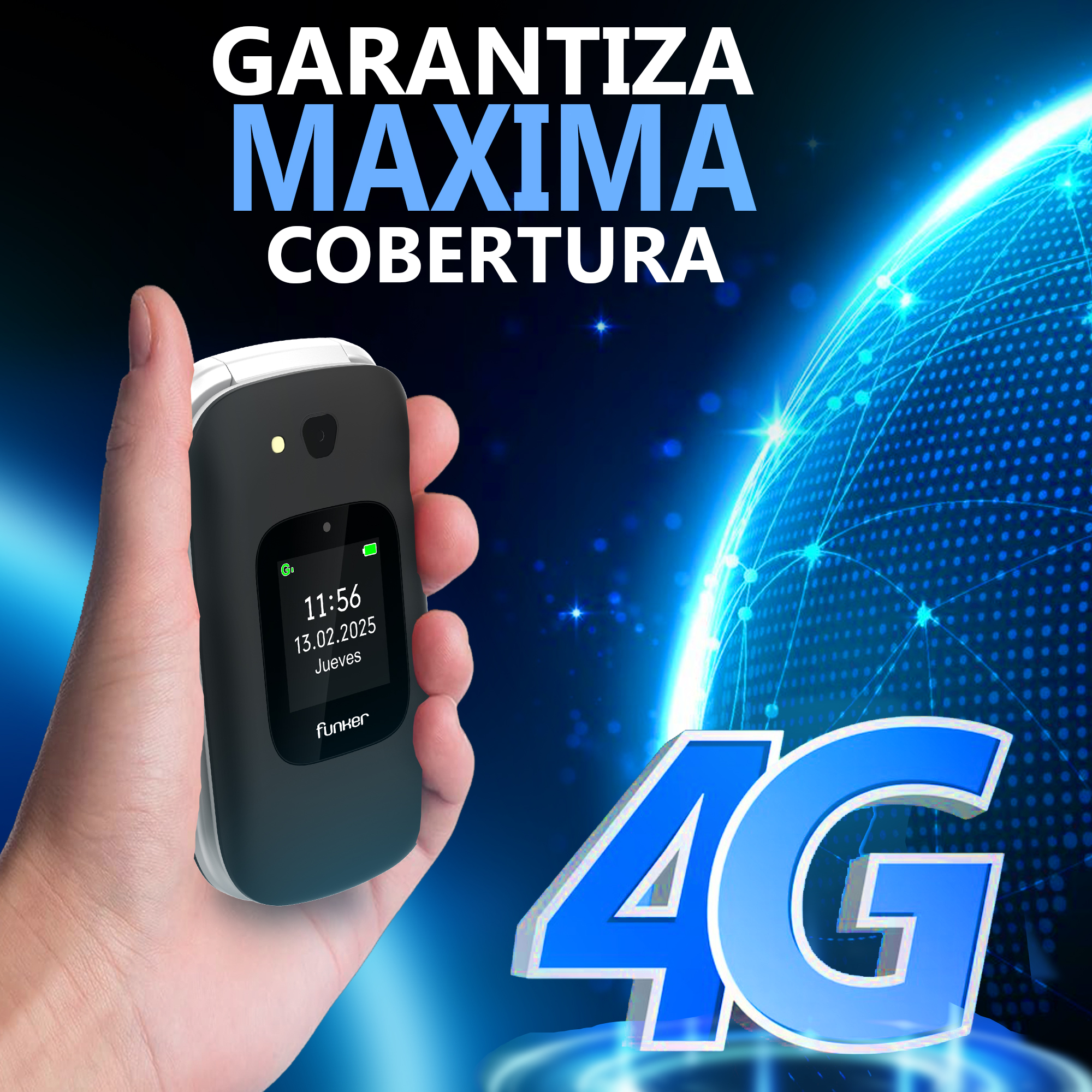 Mano sosteniendo un teléfono plegable negro, mostrando la hora y la fecha. Logotipo 4G en primer plano. Globo azul en el fondo.