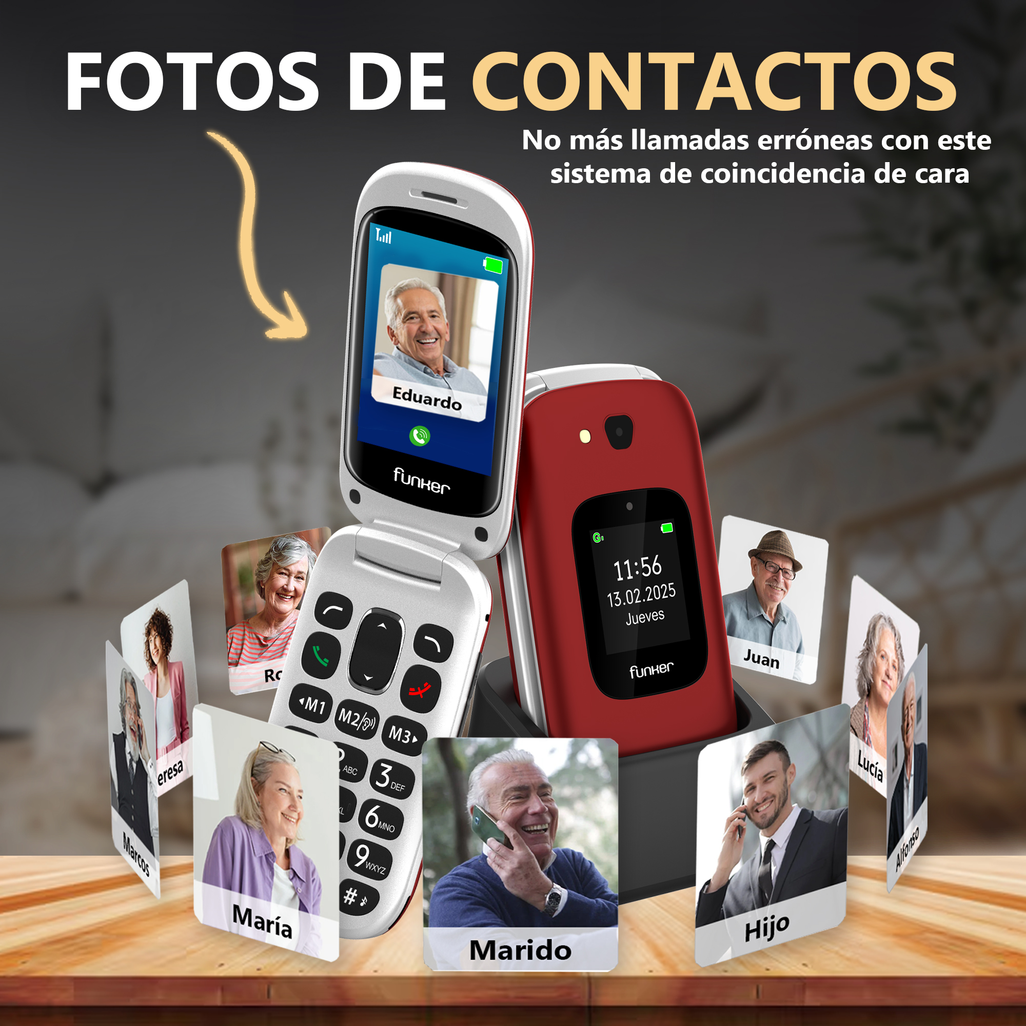 Un teléfono plegable con fotos de contactos, rodeado de imágenes de personas. El texto dice 'Fotos de Contactos'.